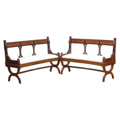 Pair of Victorian Walnut Curved Hall Benches