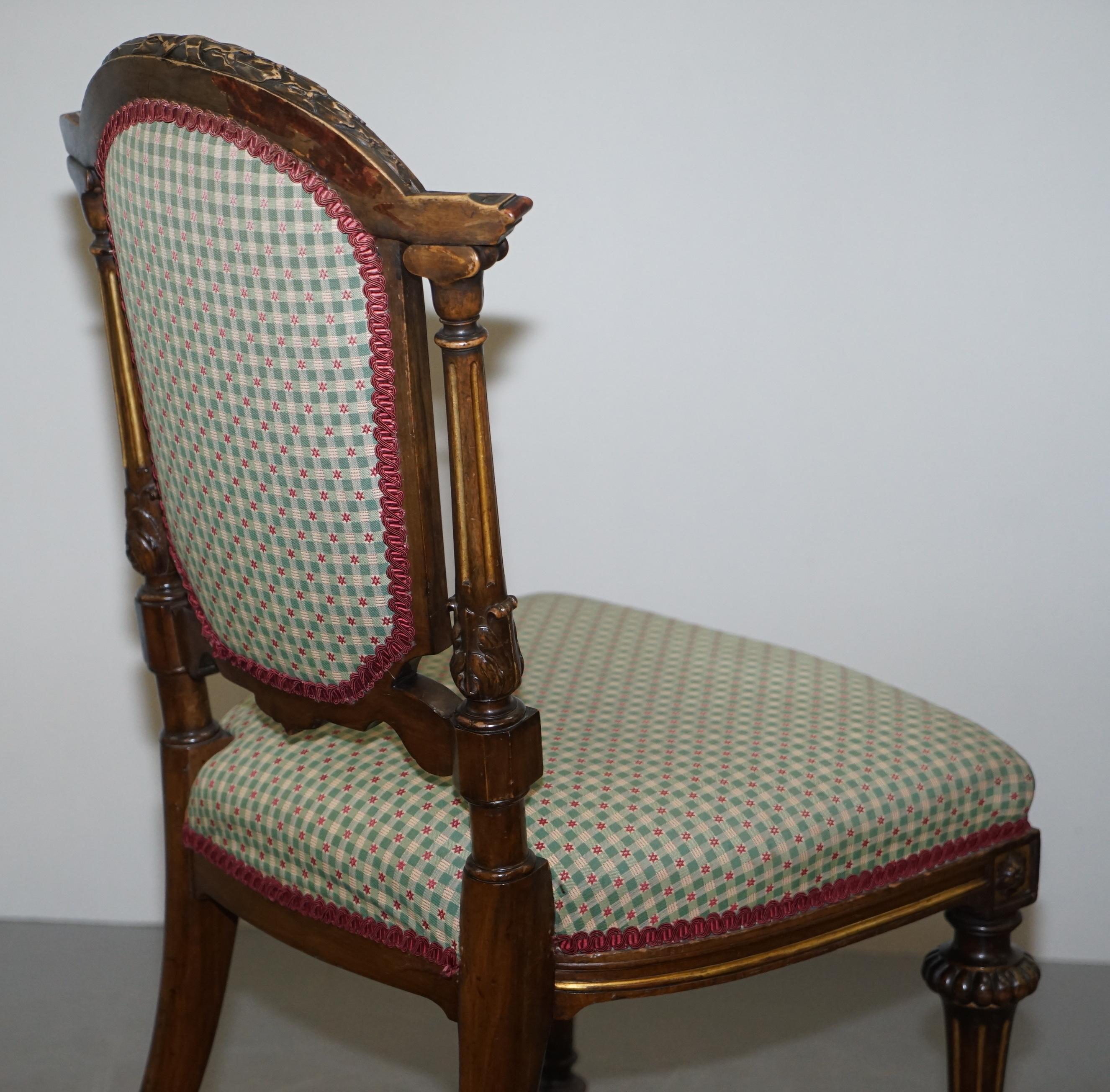 Pair of Victorian Walnut Giltwood Side Hall Chairs with Lovely Carved Frames 8