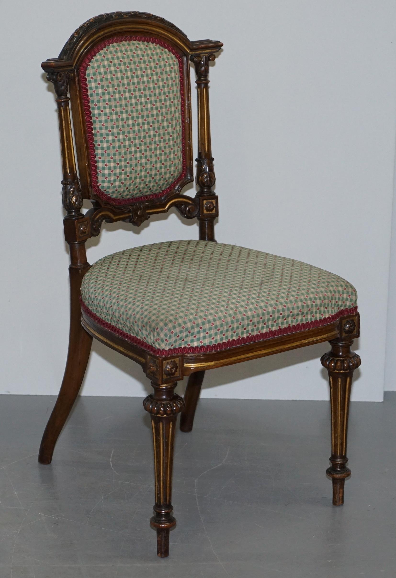 Pair of Victorian Walnut Giltwood Side Hall Chairs with Lovely Carved Frames 10