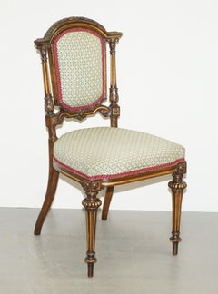 Pair of Victorian Walnut Giltwood Side Hall Chairs with Lovely Carved Frames