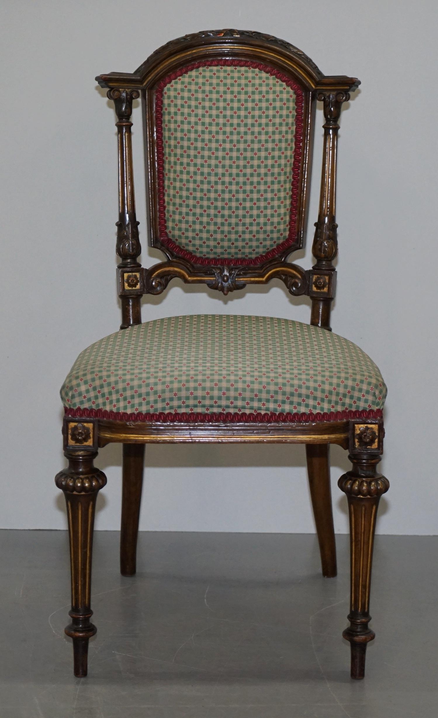 English Pair of Victorian Walnut Giltwood Side Hall Chairs with Lovely Carved Frames