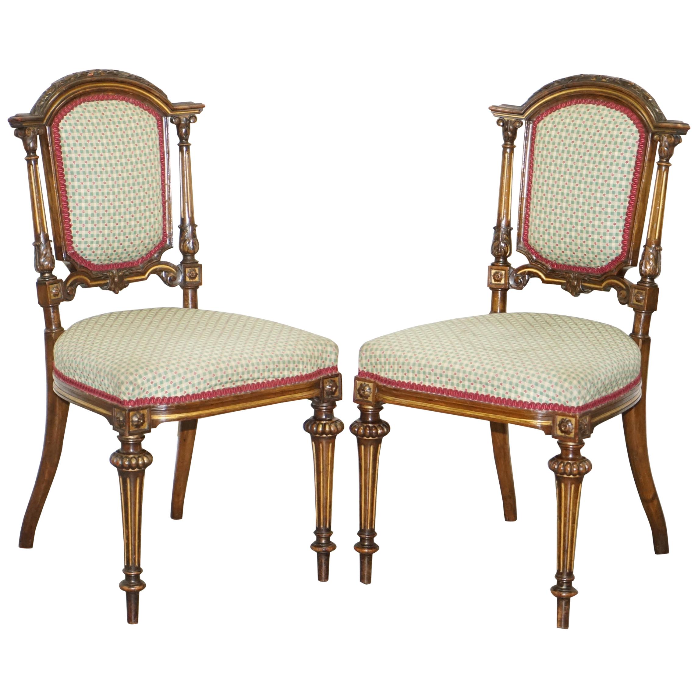 Pair of Victorian Walnut Giltwood Side Hall Chairs with Lovely Carved Frames