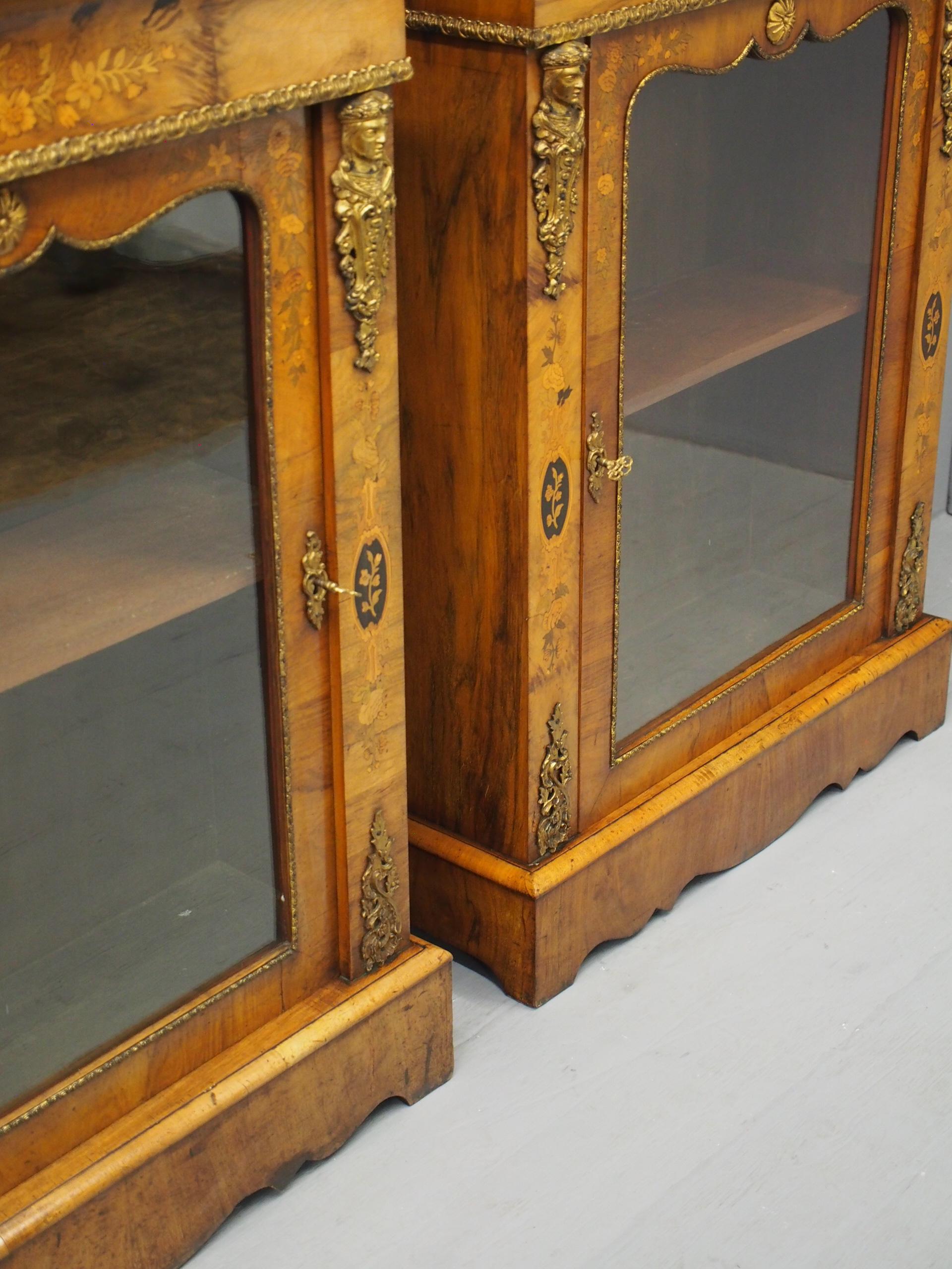 19th Century Pair of Victorian Walnut Marquetry Inlaid Pier Cabinets For Sale