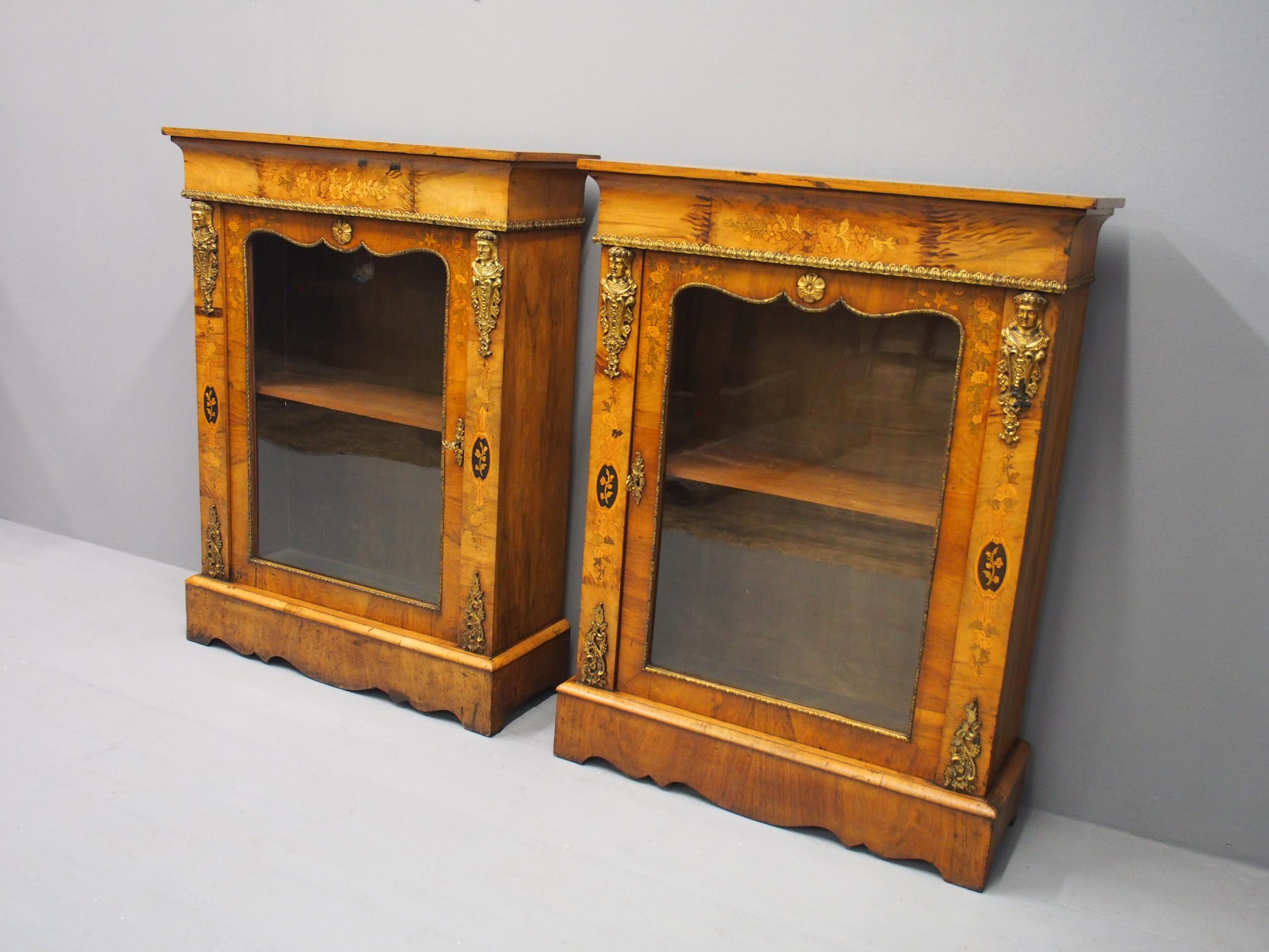 Pair of Victorian Walnut Marquetry Inlaid Pier Cabinets For Sale 1