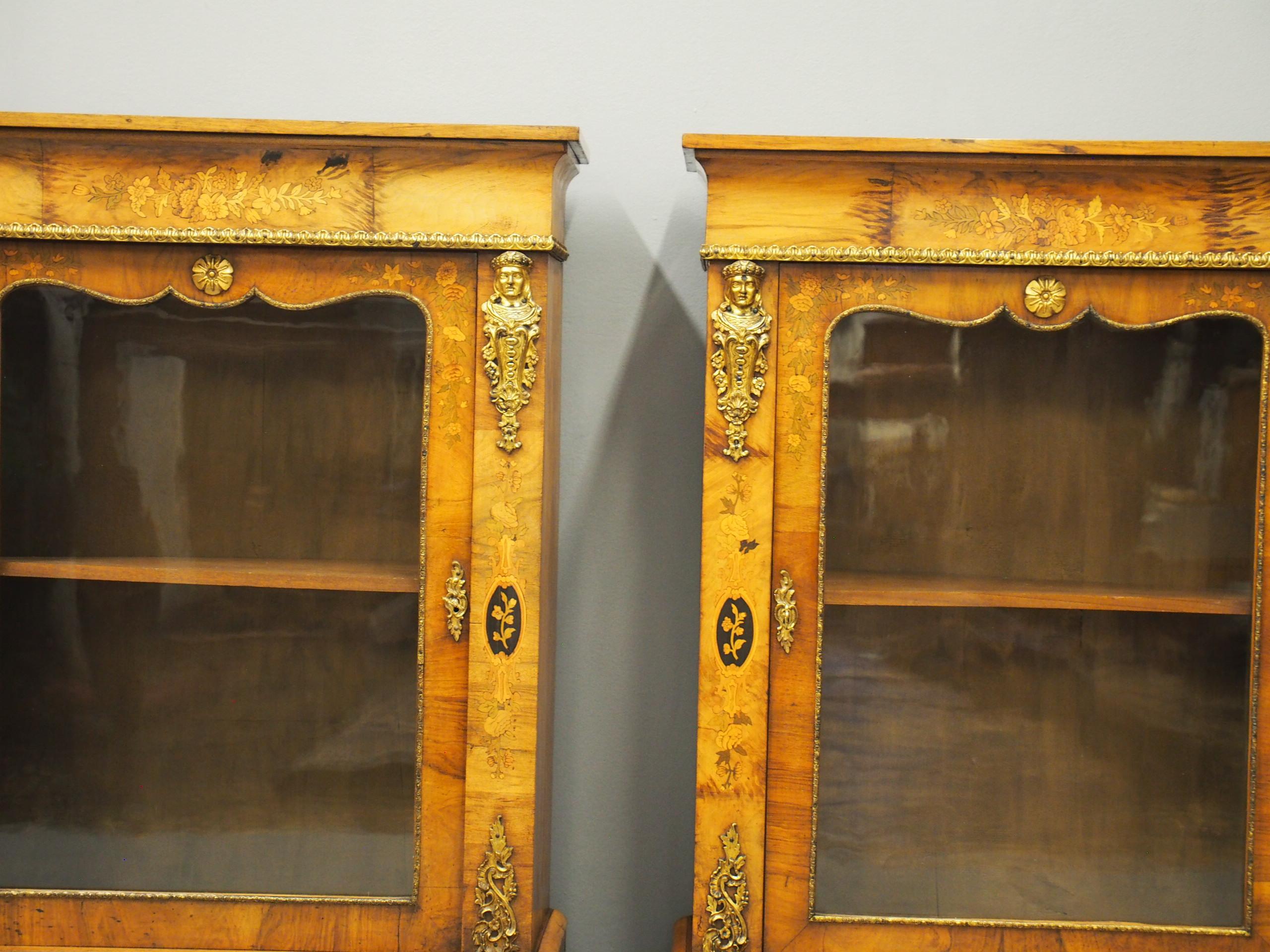 Pair of Victorian Walnut Marquetry Inlaid Pier Cabinets For Sale 2