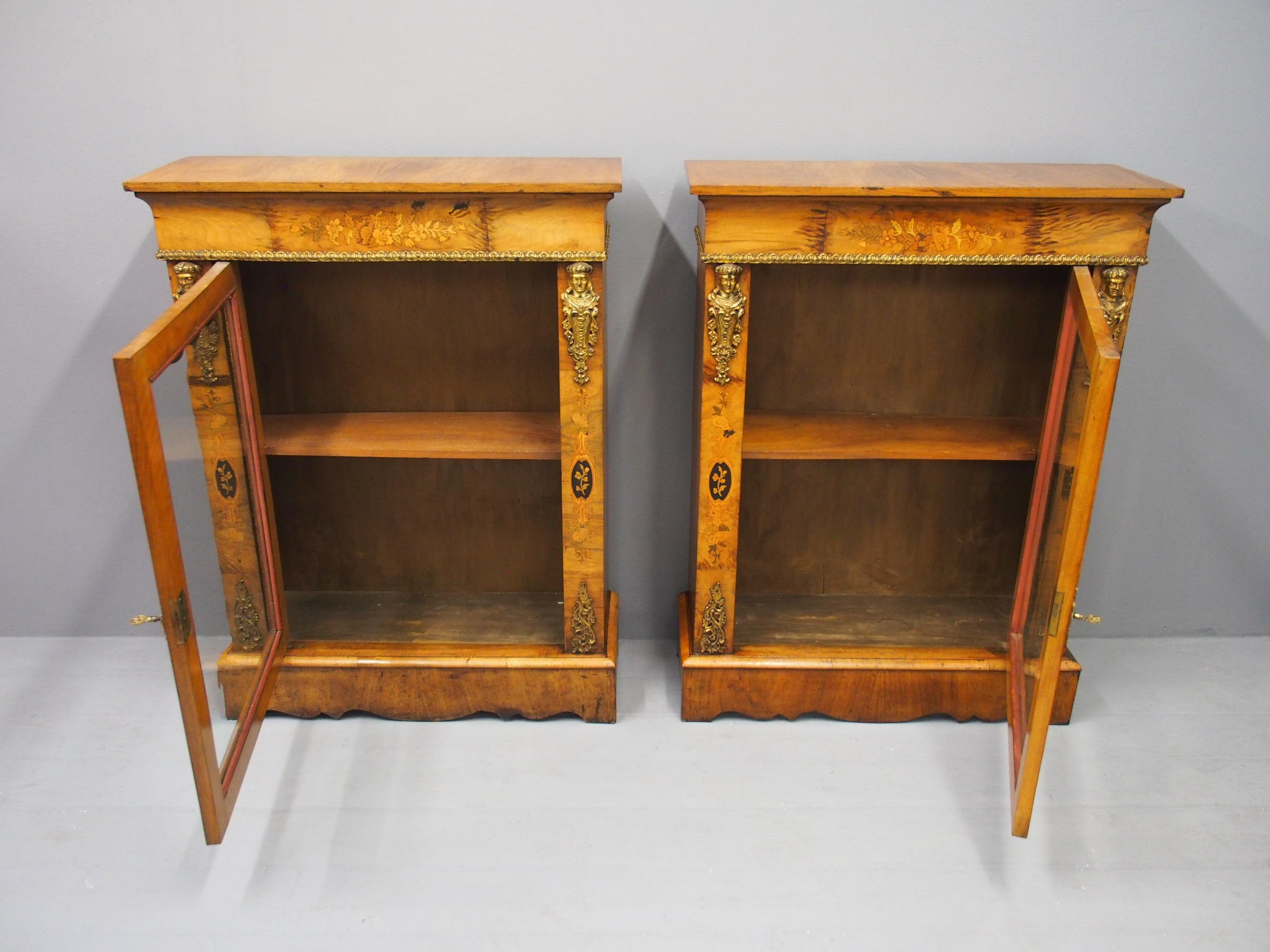 Pair of Victorian Walnut Marquetry Inlaid Pier Cabinets For Sale 4