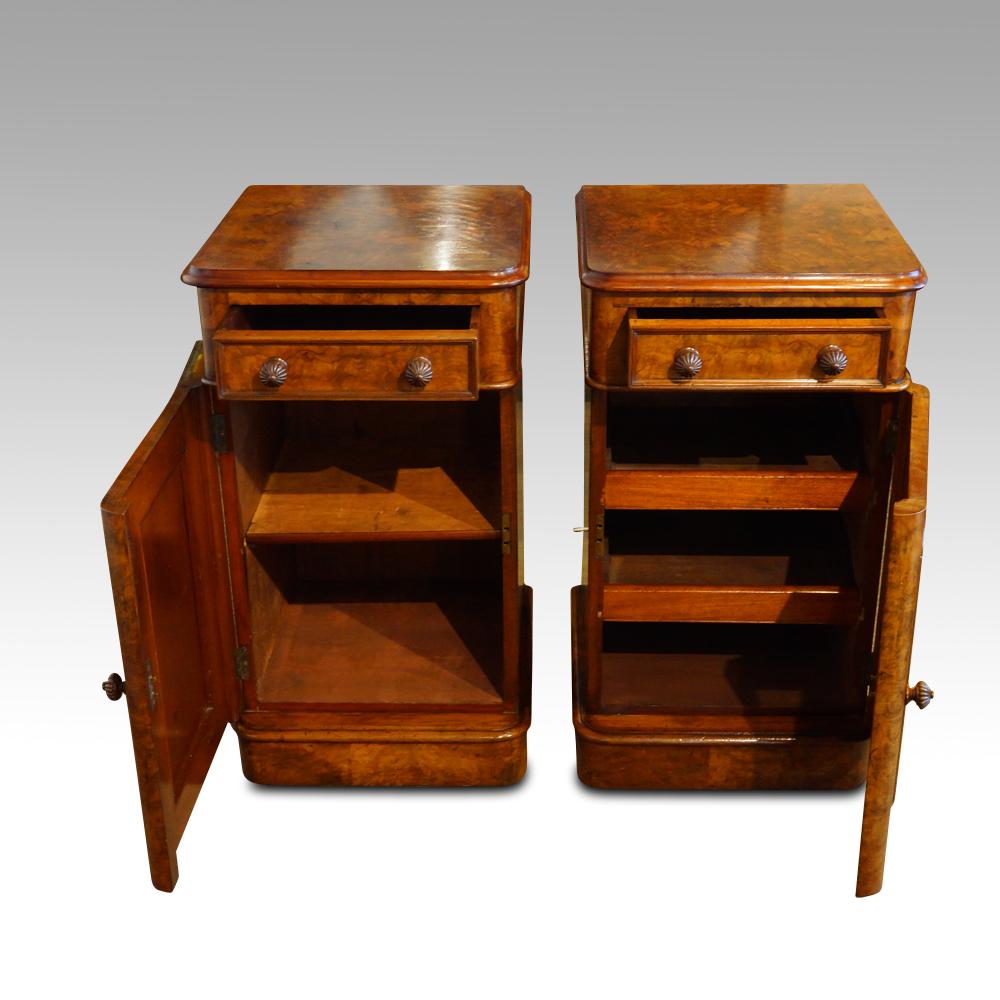 Mid-19th Century Pair of English Victorian burl Walnut nightstands, bedside cabinets, Circa 1860