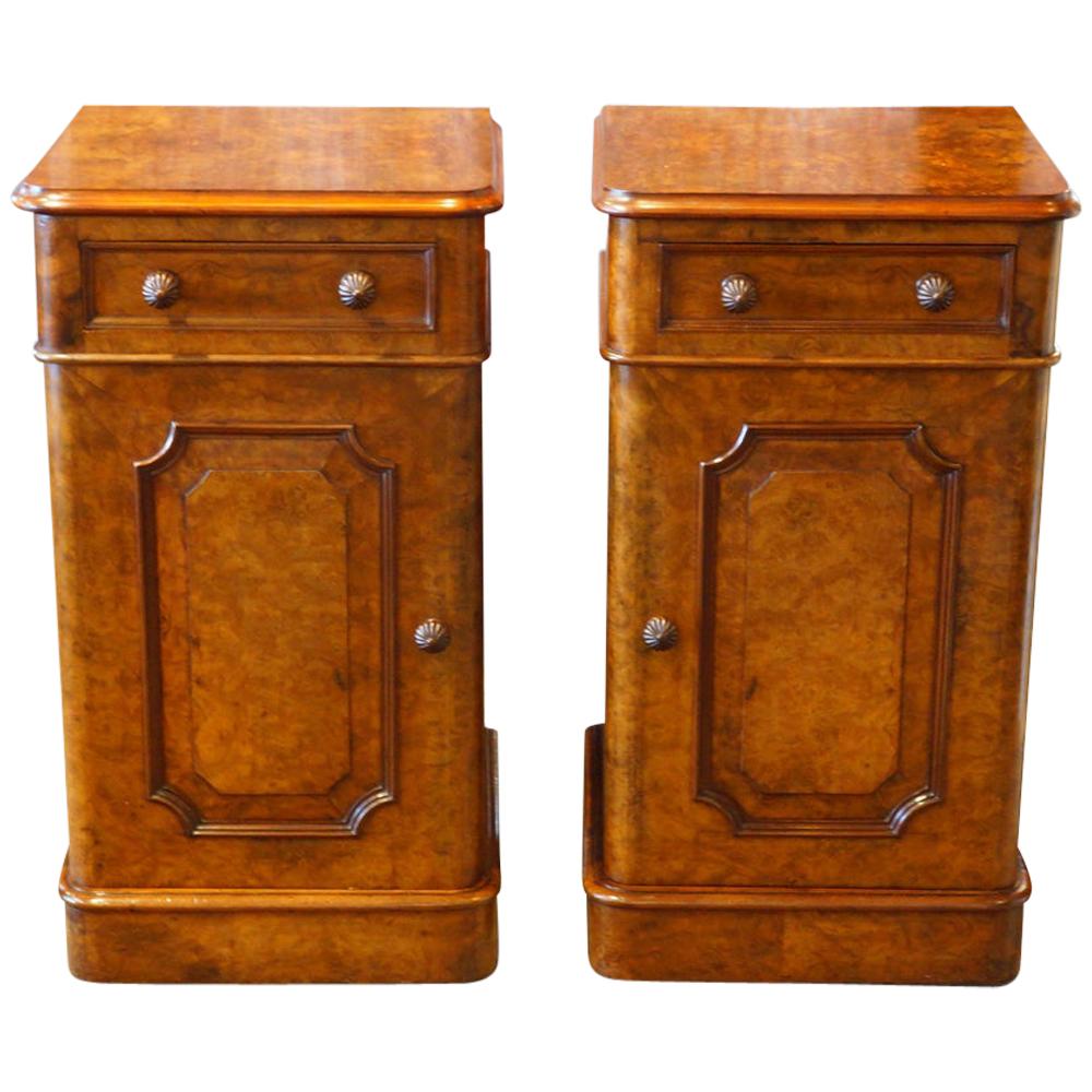 Pair of English Victorian burl Walnut nightstands, bedside cabinets, Circa 1860
