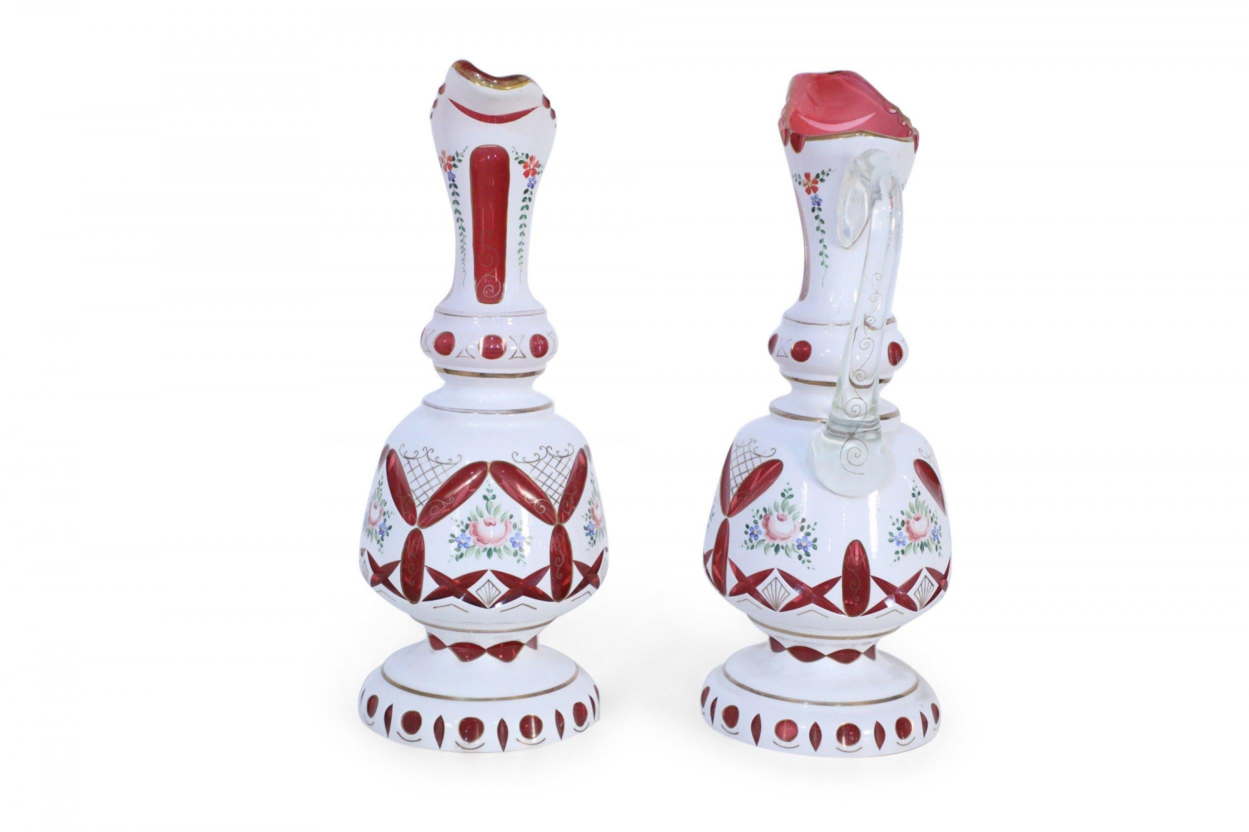 French Pair of Victorian White and Ruby Opaline Glass Ewers For Sale