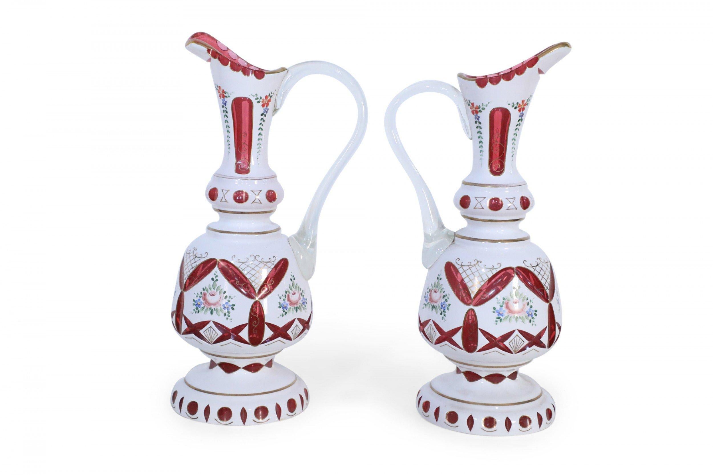 19th Century Pair of Victorian White and Ruby Opaline Glass Ewers For Sale