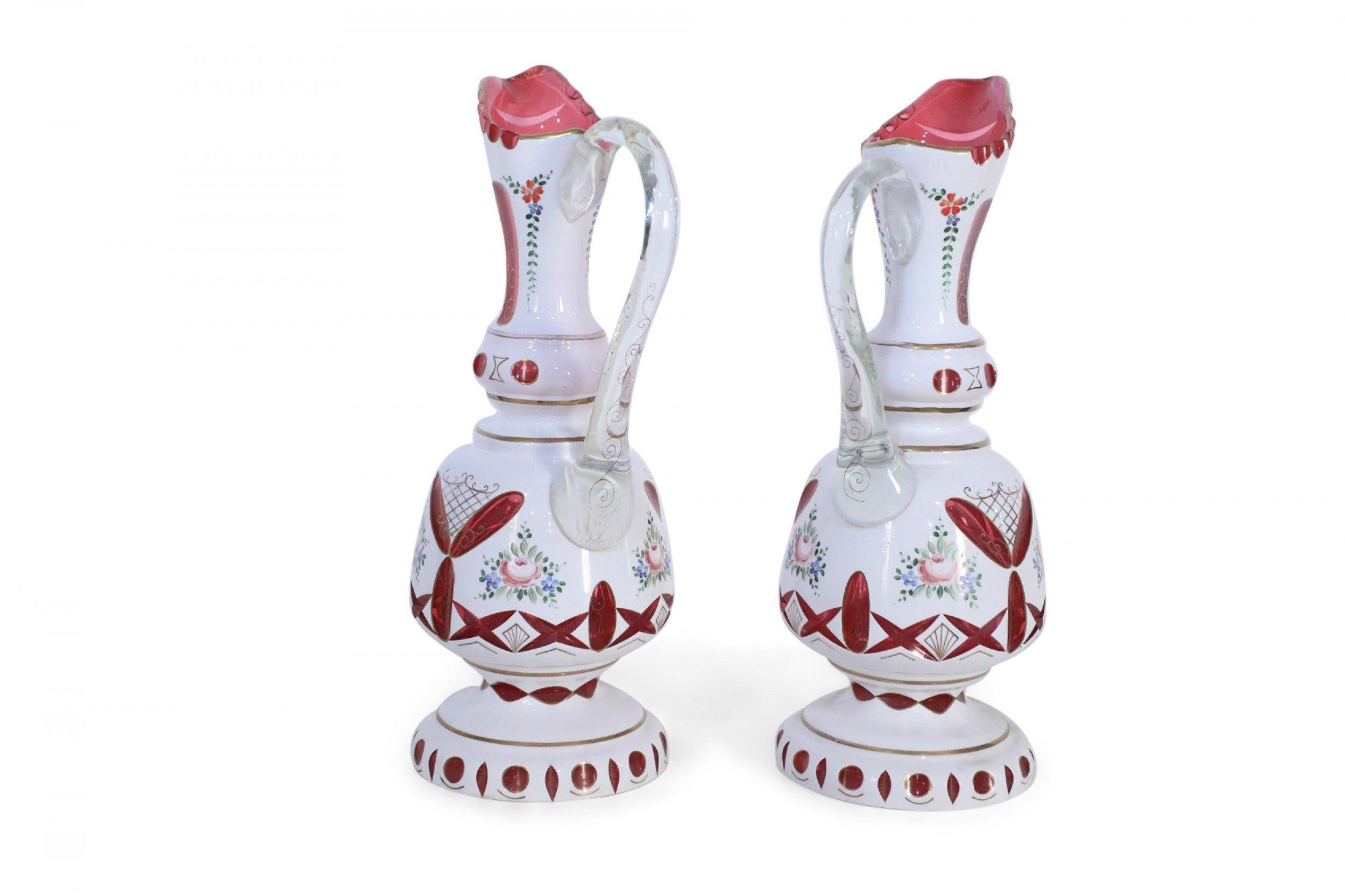 Pair of Victorian White and Ruby Opaline Glass Ewers For Sale 1