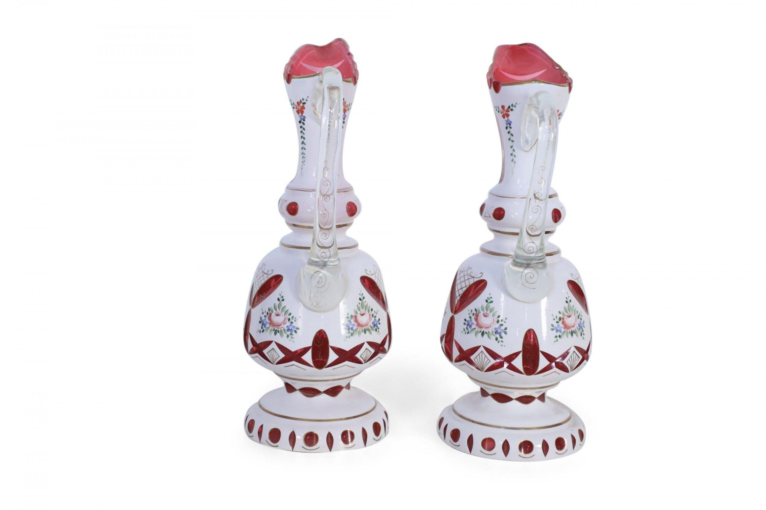 Pair of Victorian White and Ruby Opaline Glass Ewers For Sale 2