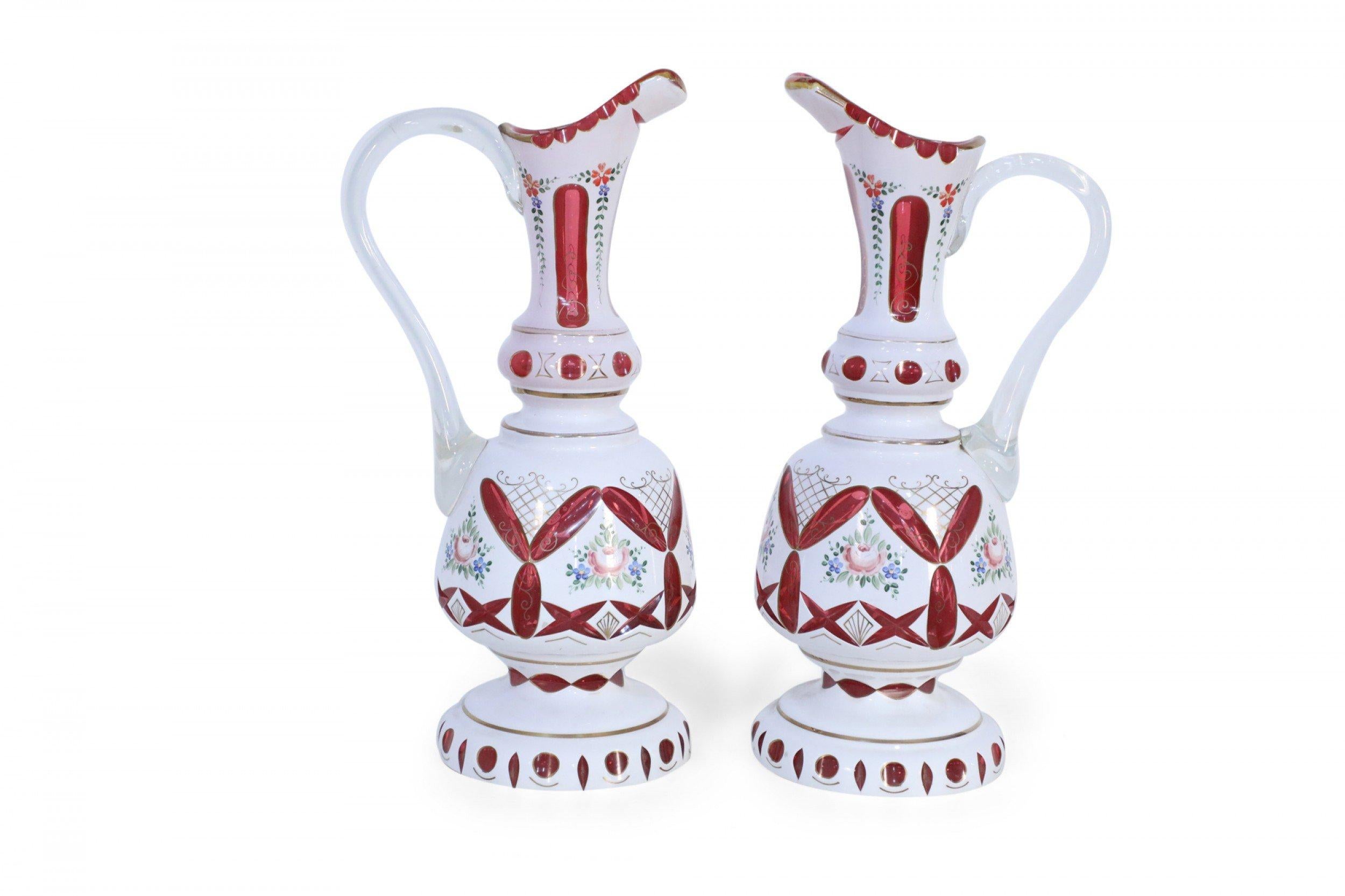 Pair of Victorian White and Ruby Opaline Glass Ewers For Sale 3