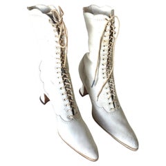 Antique Pair of Victorian White Kid Leather Lady's Boots, American, Circa 1890