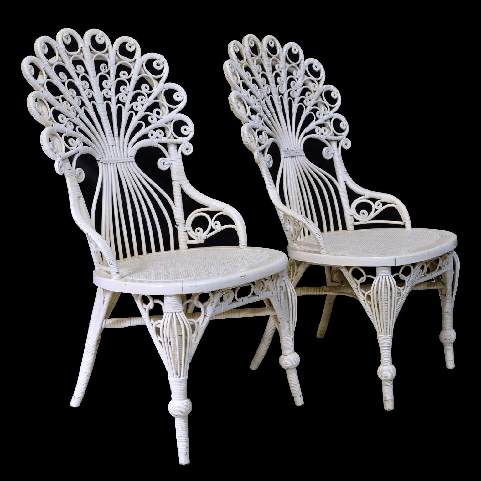 Painted Pair of Victorian Wicker Peacock Chairs, American, circa 1880
