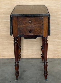 Pair of Victorian Wood Drop Leaf Side Tables With Turned Legs and wheels