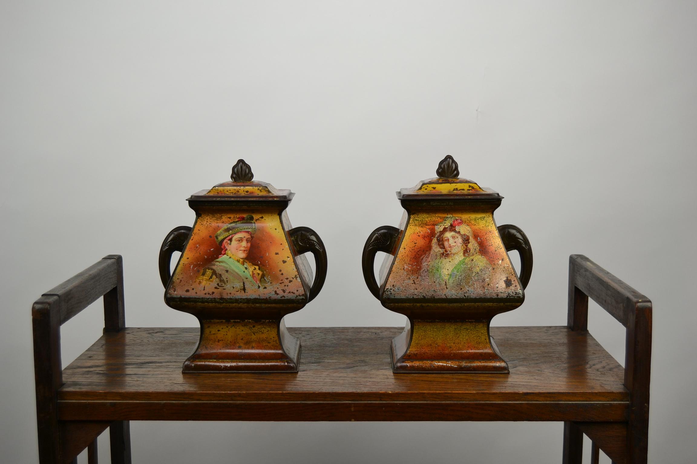 Antique set of 2 Tin Boxes for Victory V Gums, England.
This British Brand made Liquorice-flavoured lozenges,
each by hand so every sweet contained the correct amount of therapeutic ingredient.
This Counter Cannisters - Advertising Boxes -Grocery