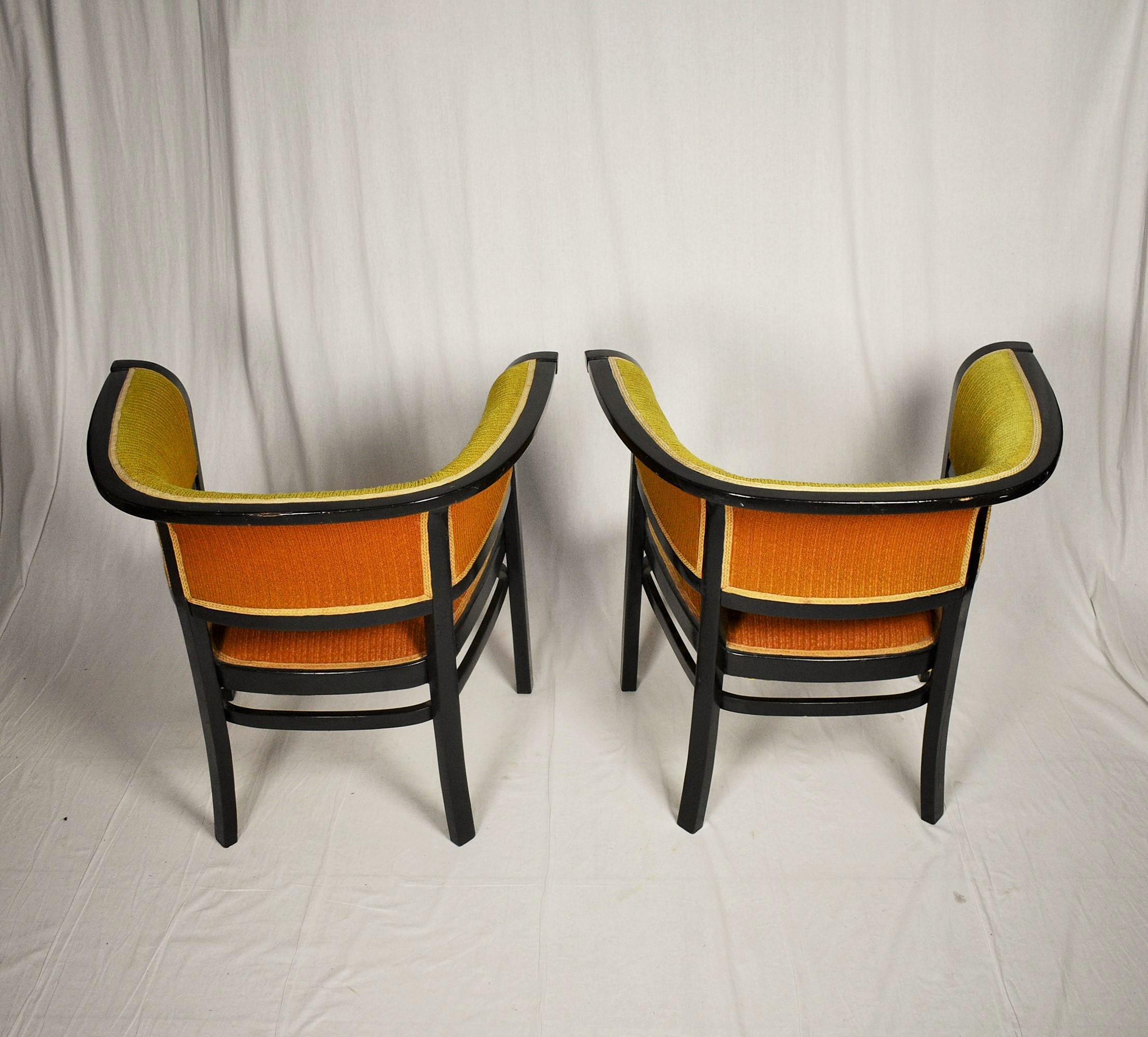 A wonderful pair of Vienna Secession stained and bent beechwood chairs, model no. 6534, designed by Marcel Kammerer and manufactured by Thonet, Vienna, Austria, circa 1910.

 