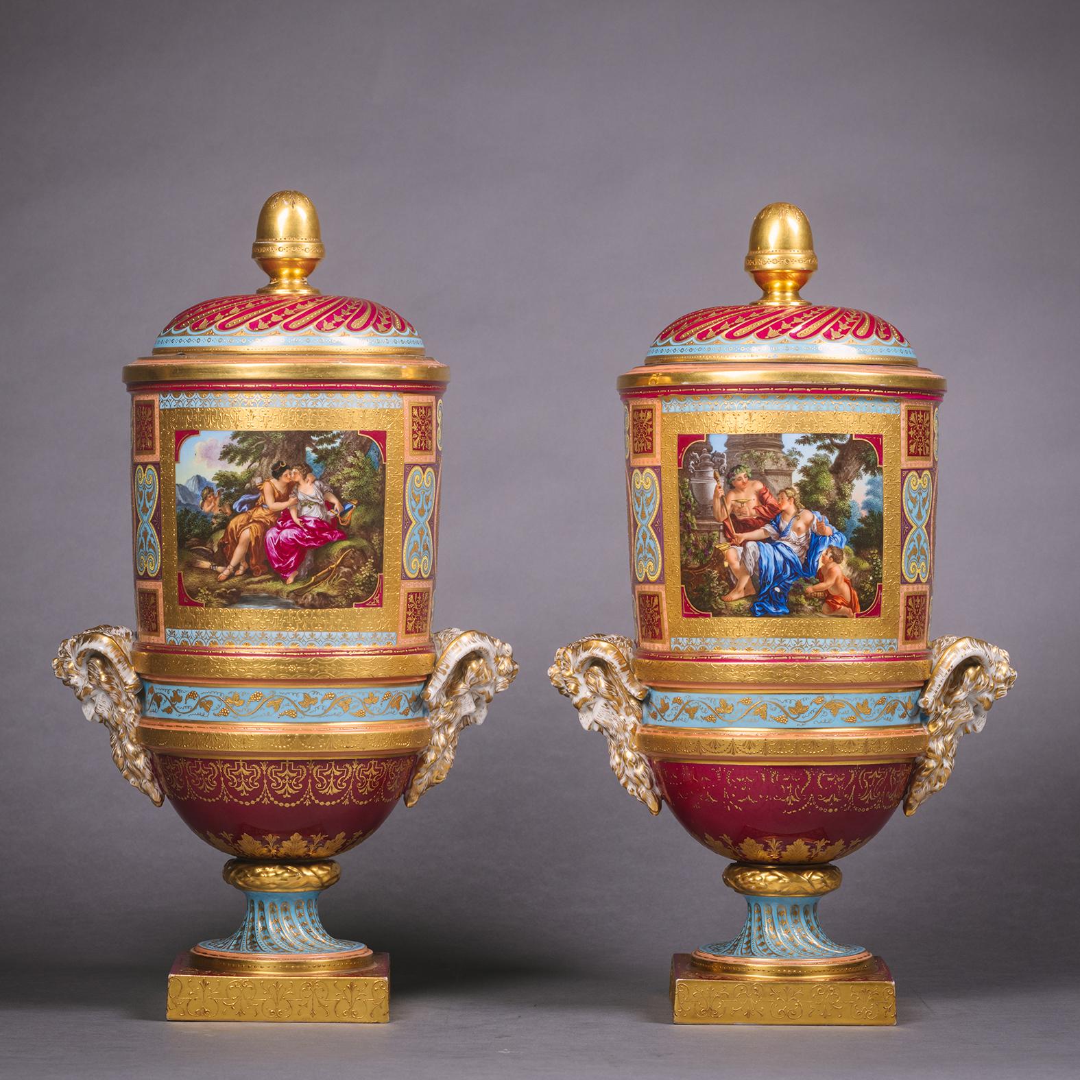 Austrian Pair of Vienna Style Covered Cylindrical Vases For Sale