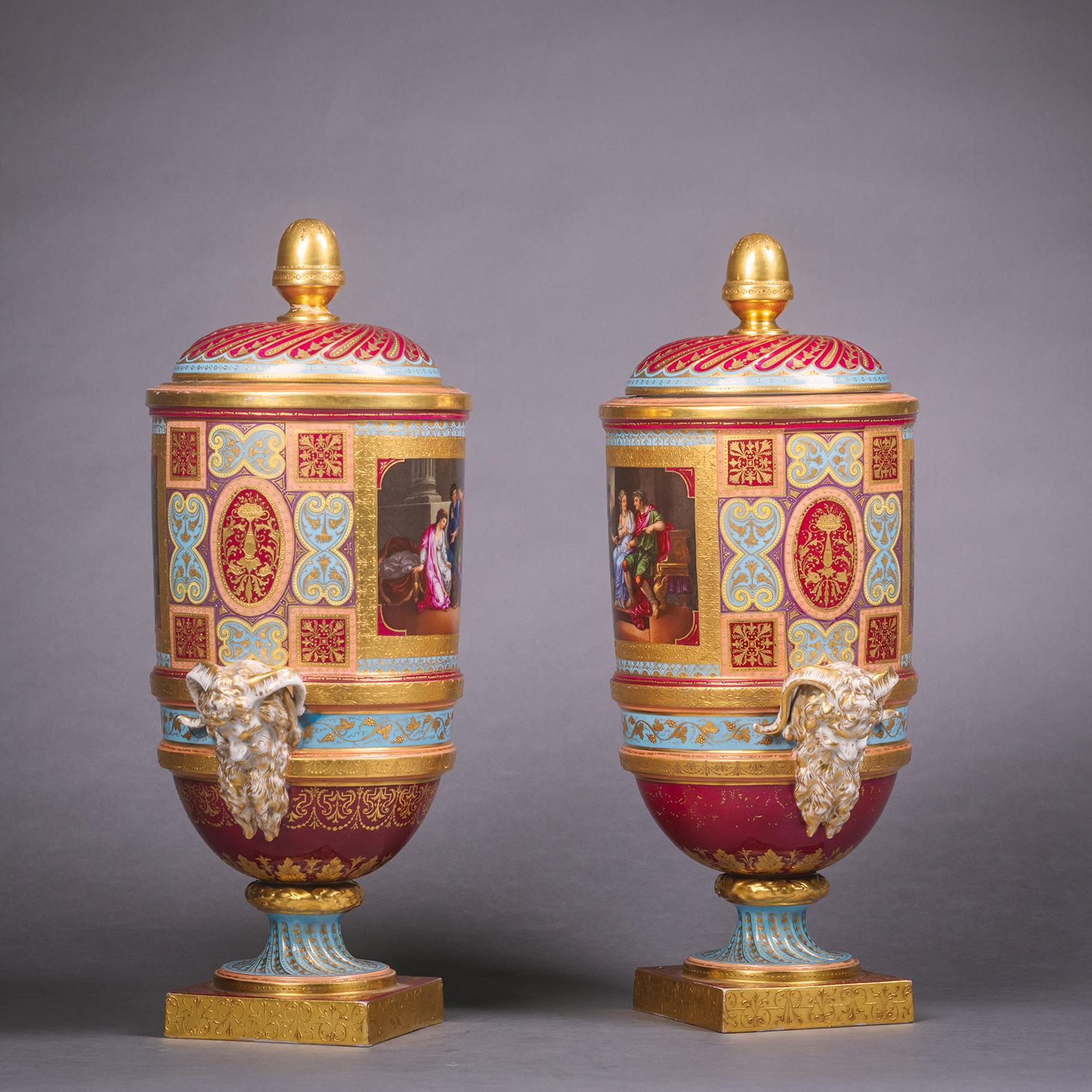 Pair of Vienna Style Covered Cylindrical Vases In Good Condition For Sale In Brighton, West Sussex