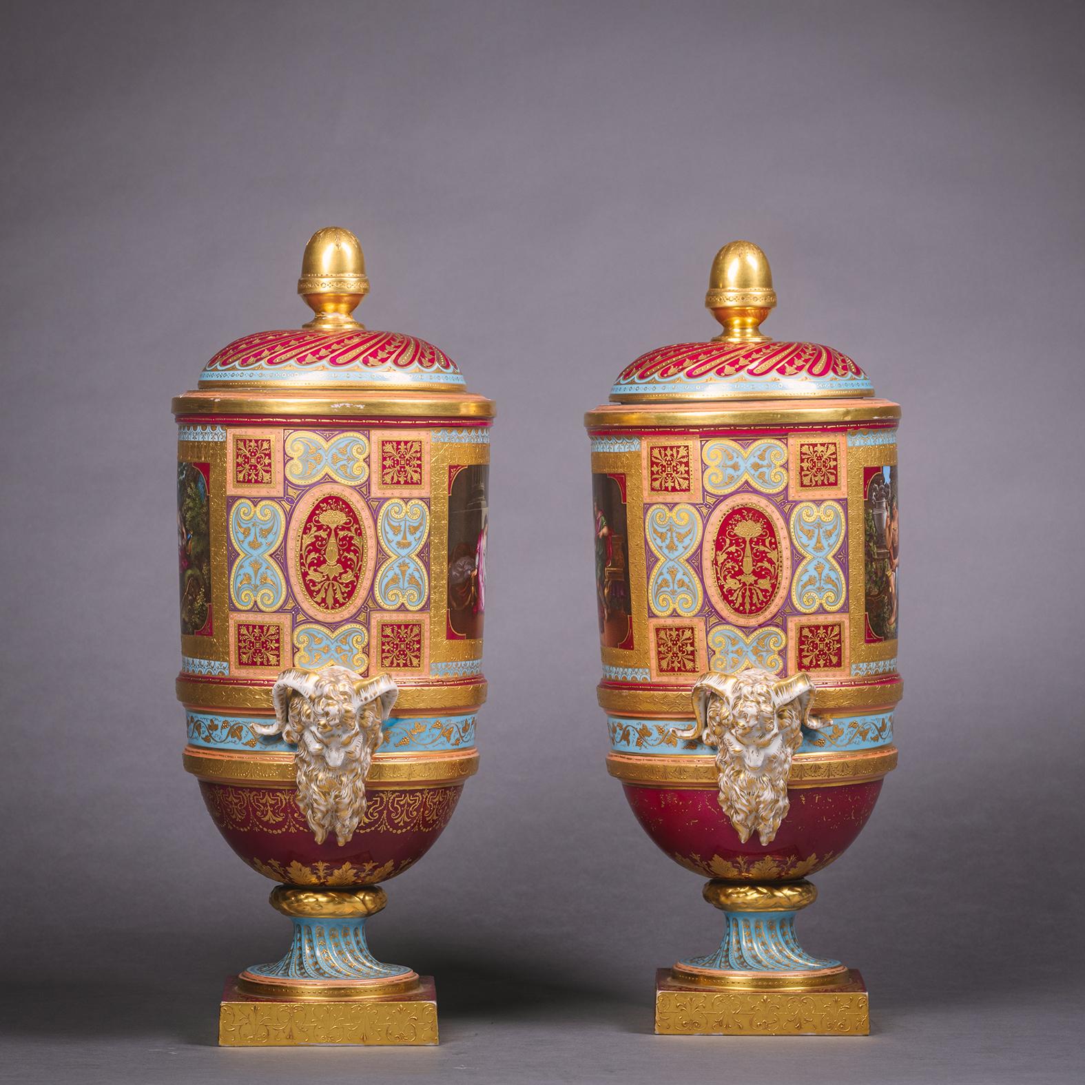 19th Century Pair of Vienna Style Covered Cylindrical Vases For Sale