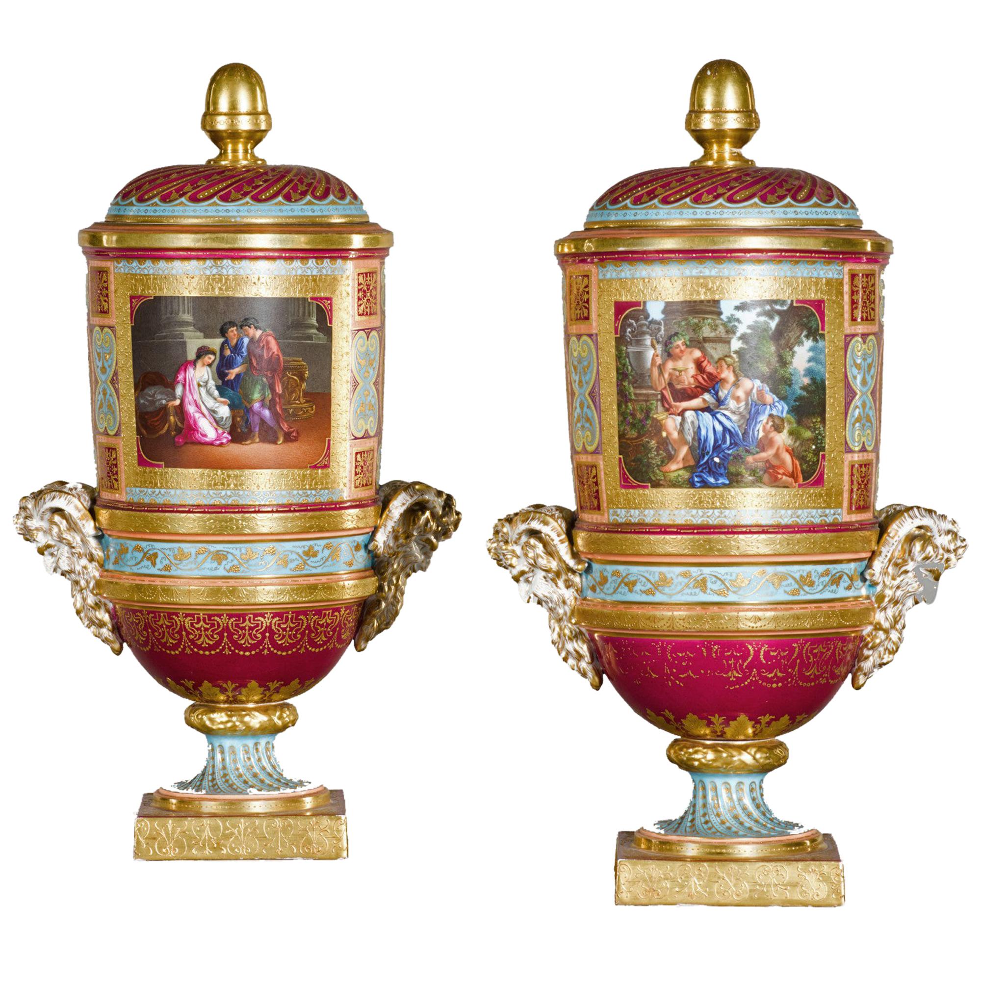 Pair of Vienna Style Covered Cylindrical Vases For Sale