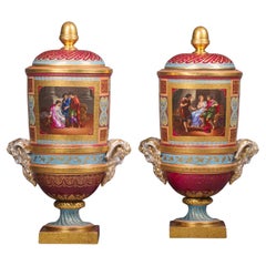 Pair of Vienna Style Covered Cylindrical Vases