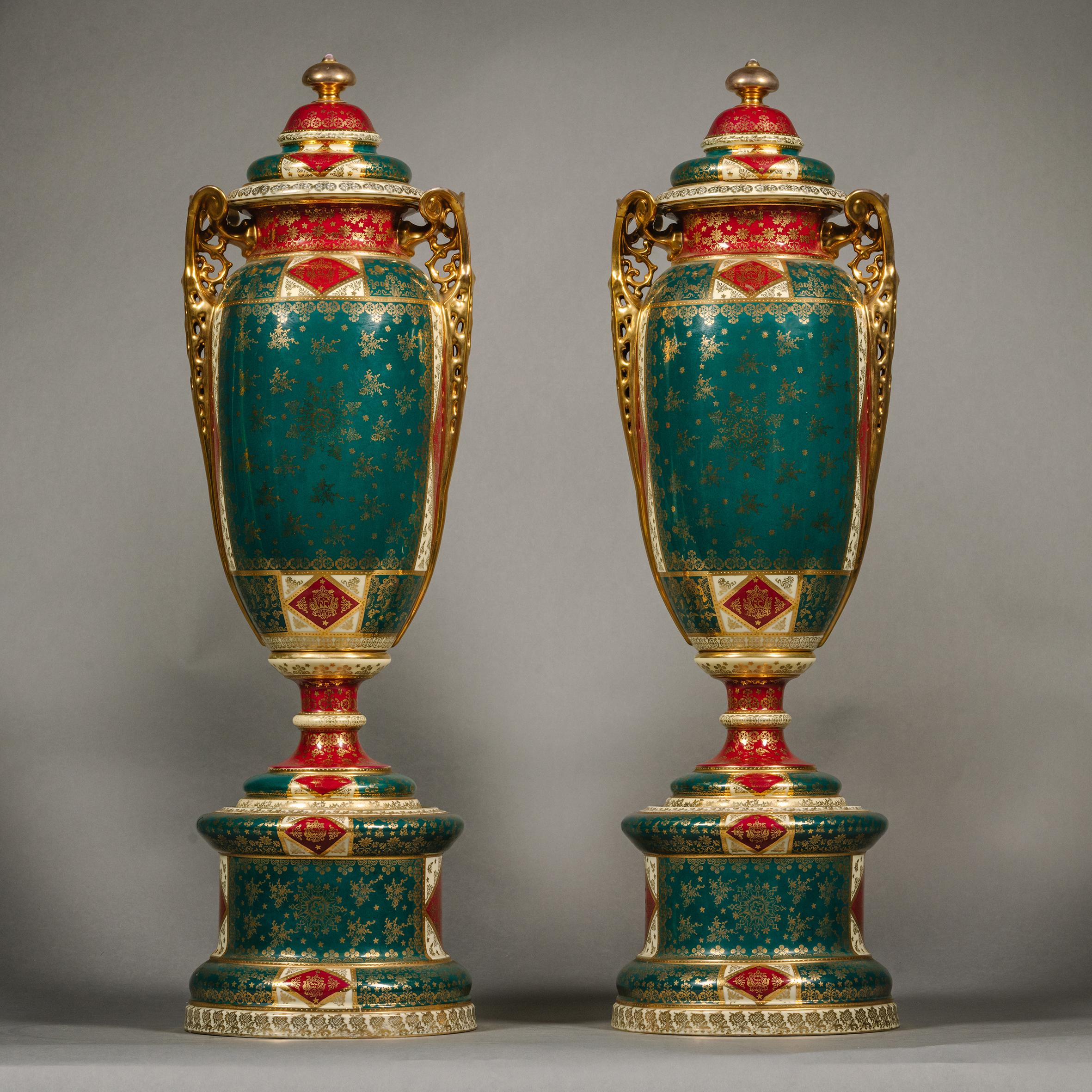 Austrian Pair of Vienna Style Porcelain Vases and Covers For Sale