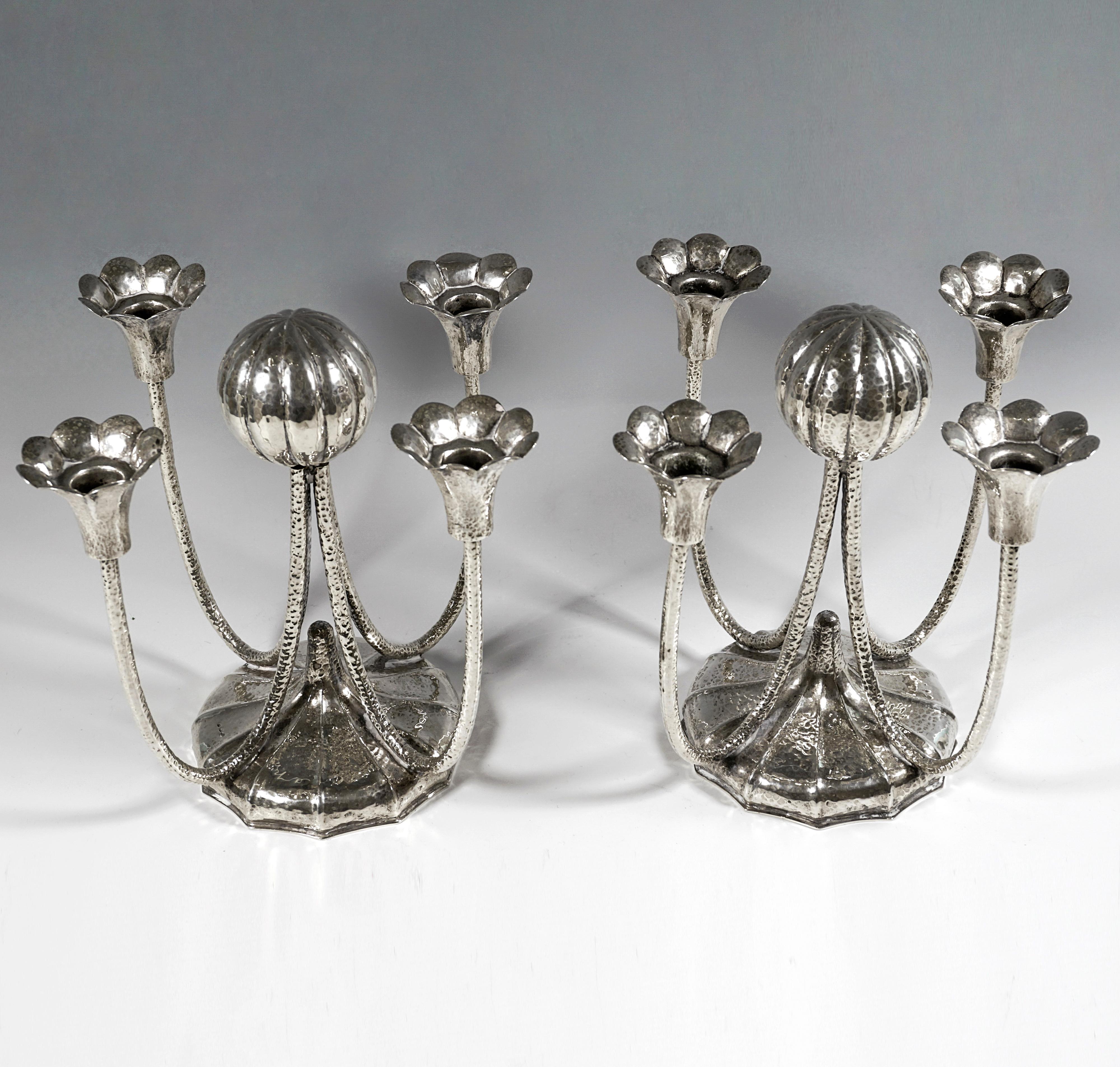Art Deco Pair Of Viennese Art Déco 4-light Silver Candelabra With Martelé Decor, Ca 1930 For Sale