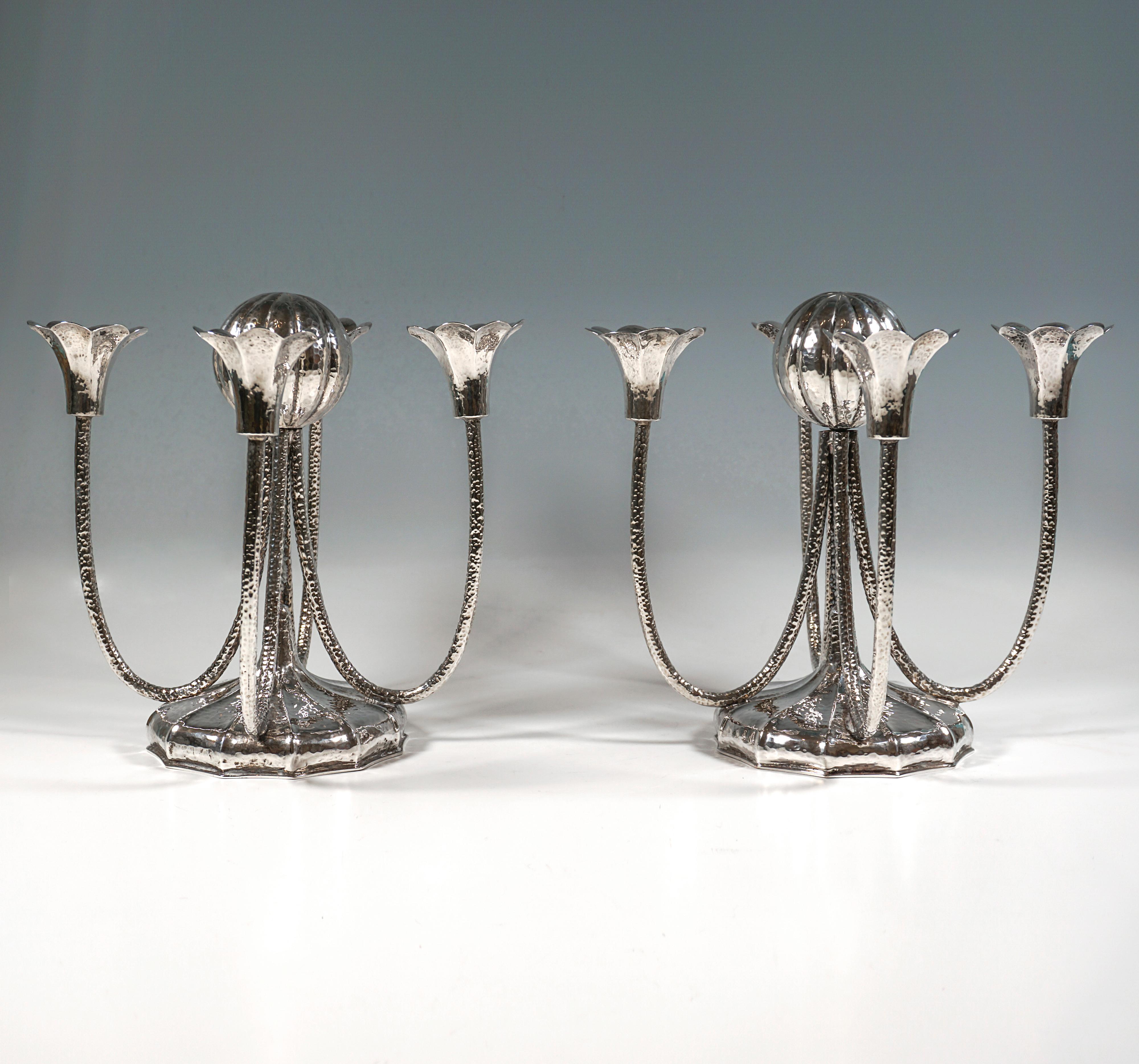 Austrian Pair Of Viennese Art Déco 4-light Silver Candelabra With Martelé Decor, Ca 1930 For Sale