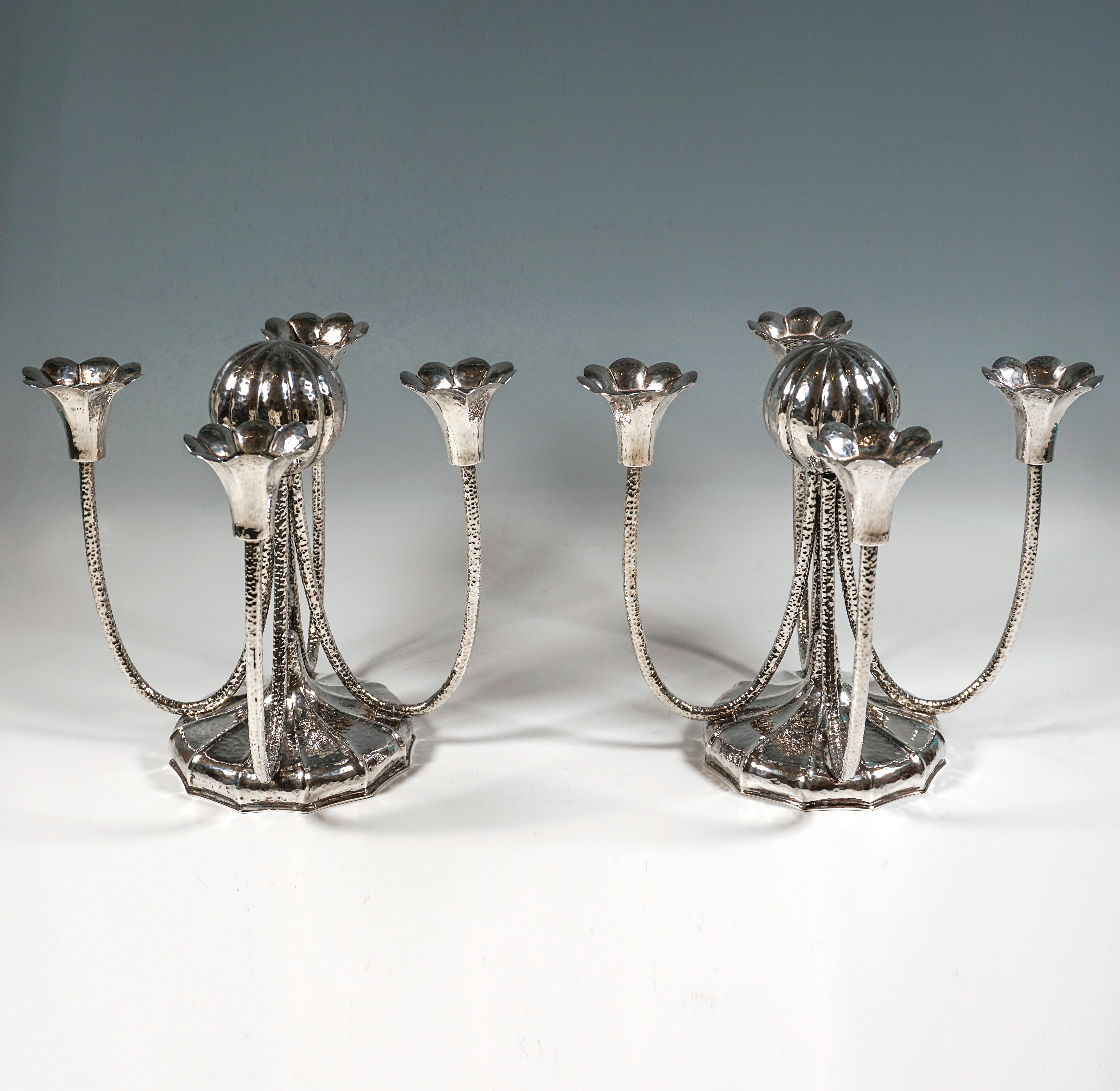 Hand-Crafted Pair Of Viennese Art Déco 4-light Silver Candelabra With Martelé Decor, Ca 1930 For Sale