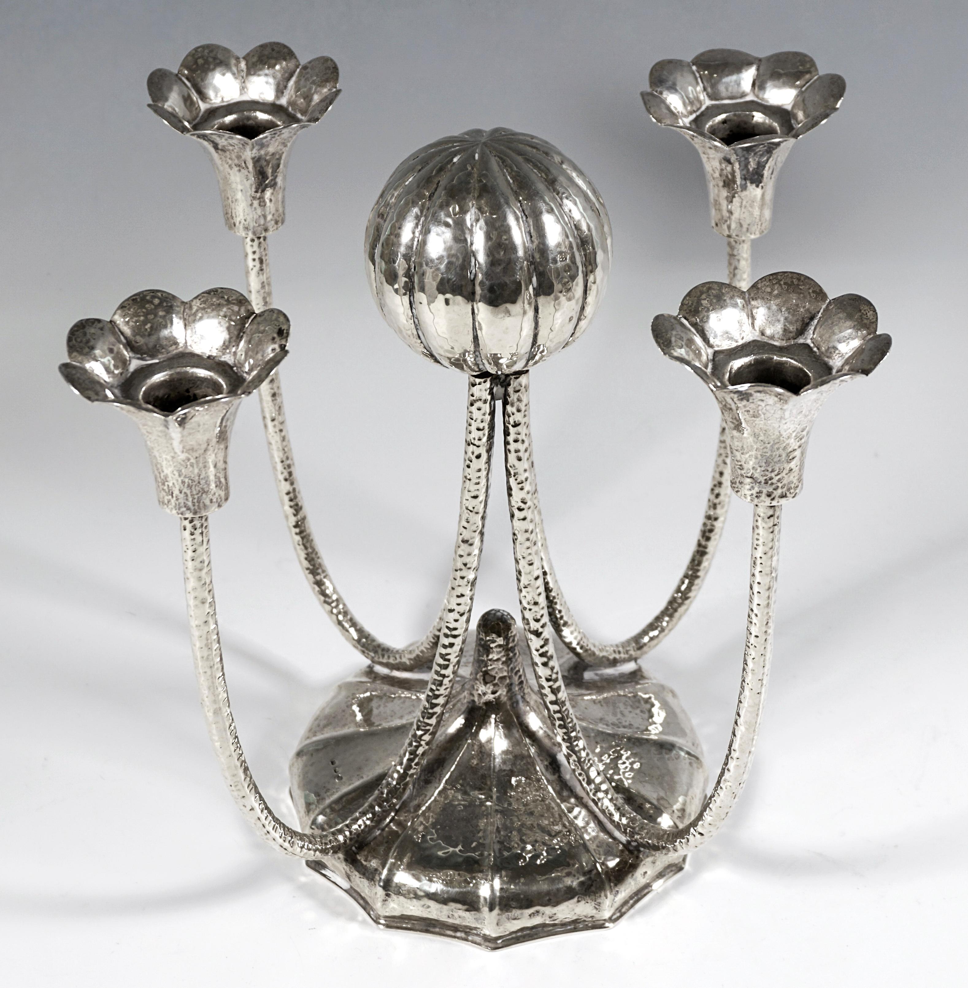 Mid-20th Century Pair Of Viennese Art Déco 4-light Silver Candelabra With Martelé Decor, Ca 1930 For Sale