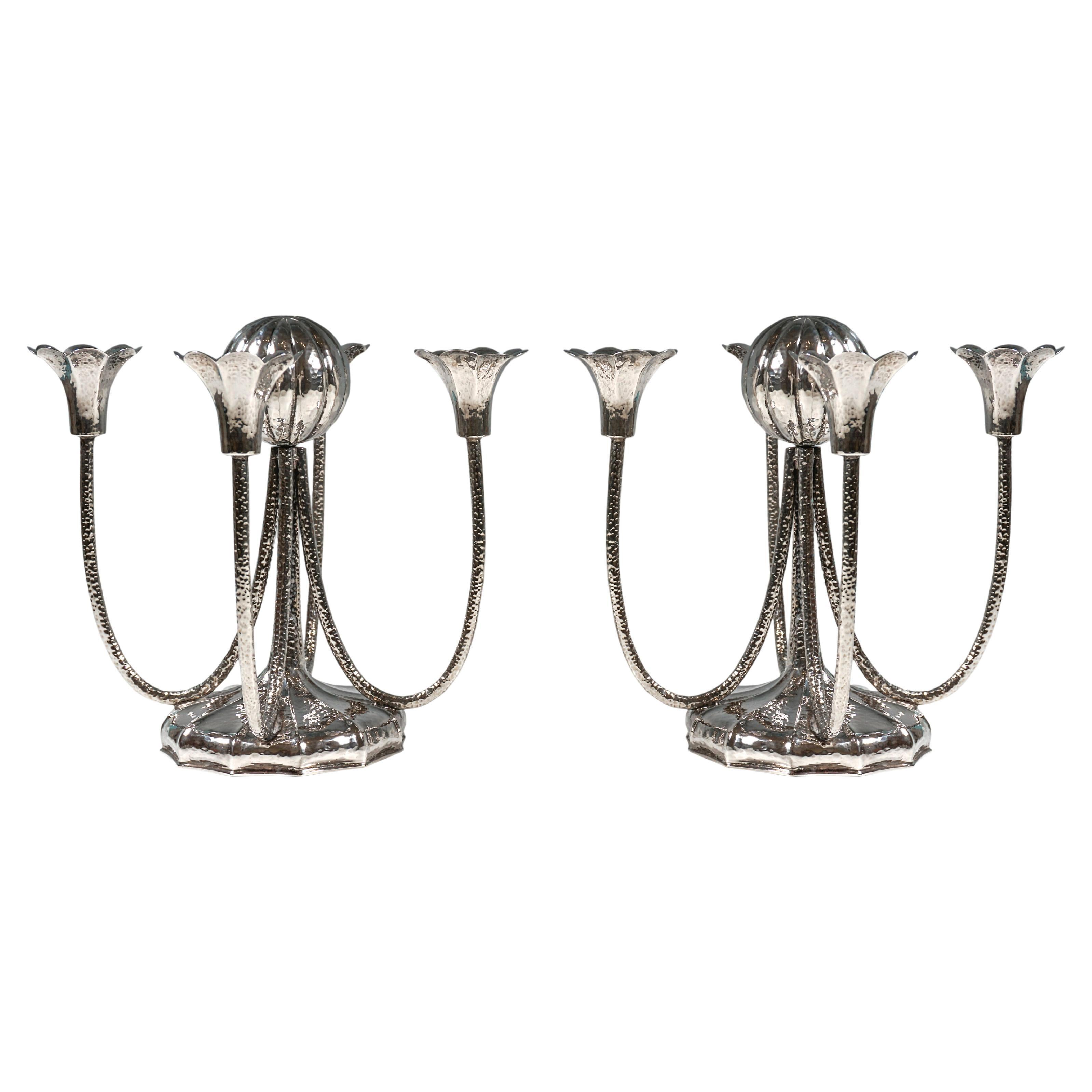 Pair Of Viennese Art Déco 4-light Silver Candelabra With Martelé Decor, Ca 1930 For Sale