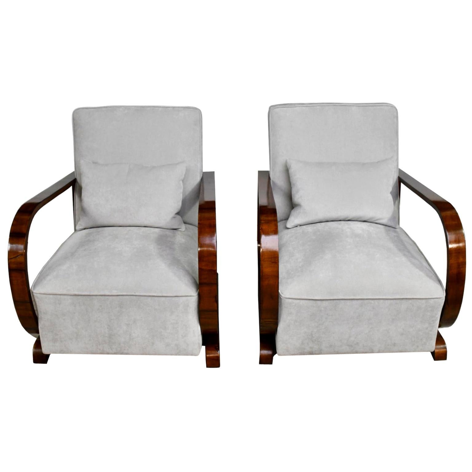 Pair of Viennese Art Deco Armchairs in Walnut with Grey Upholstery, Austria