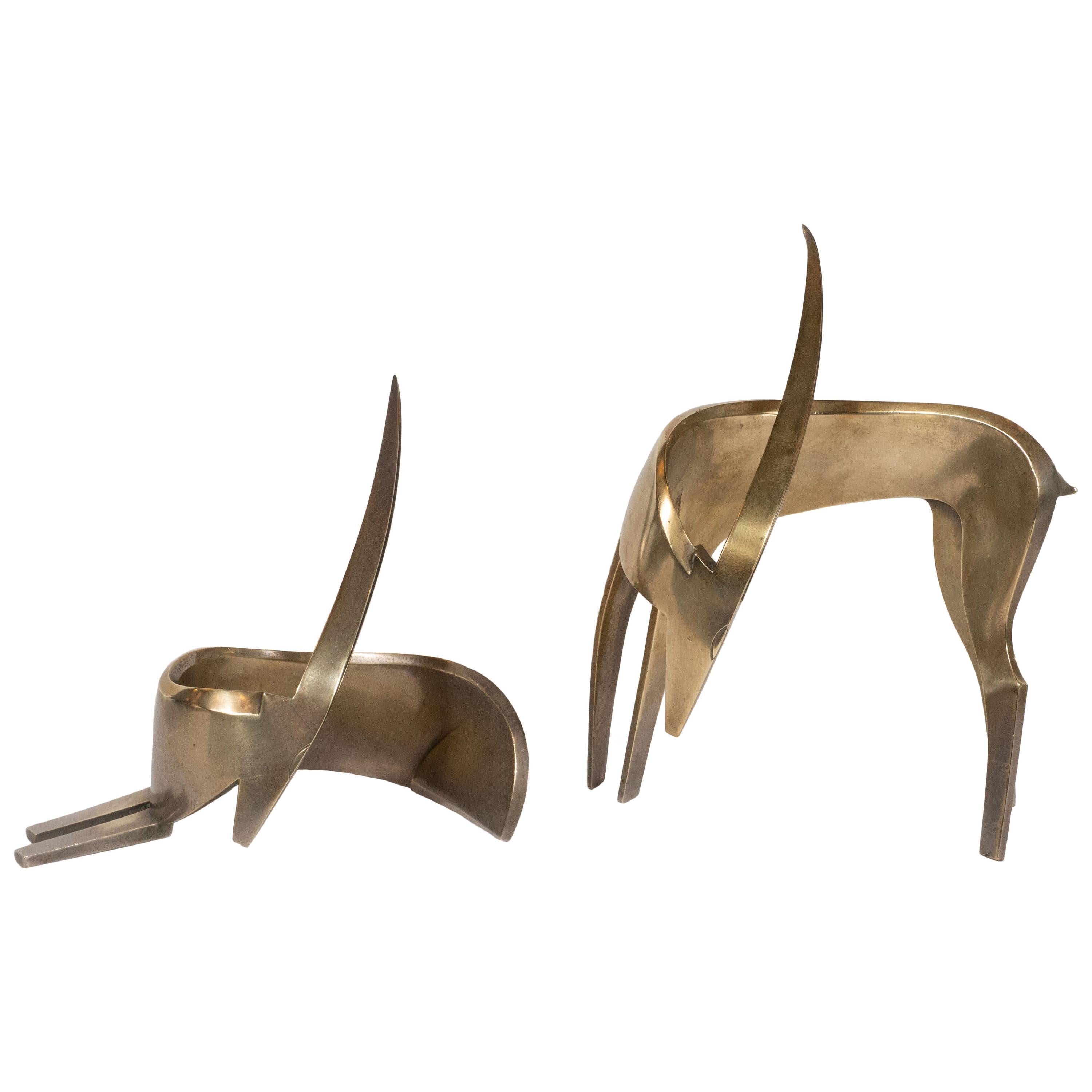 Pair of Viennese Art Deco Brass Stylized Waterbuck Sculptures For Sale