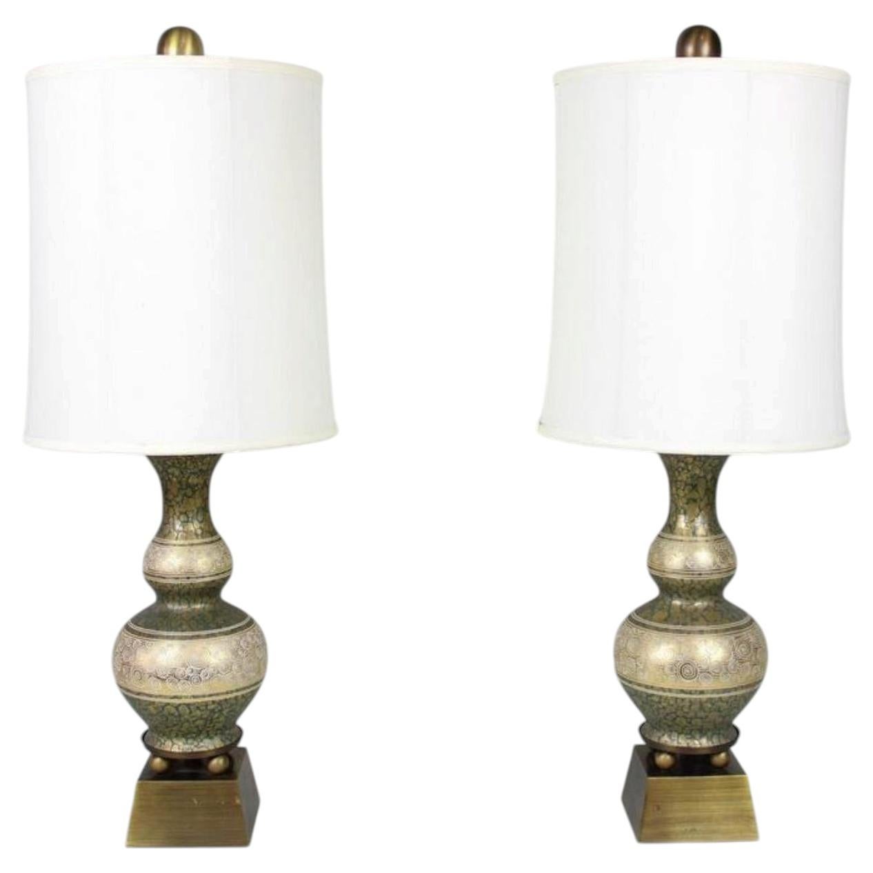 Pair of Art Nouveau Enamel Table Lamps, Brass Base, Circa 1950s, USA For Sale