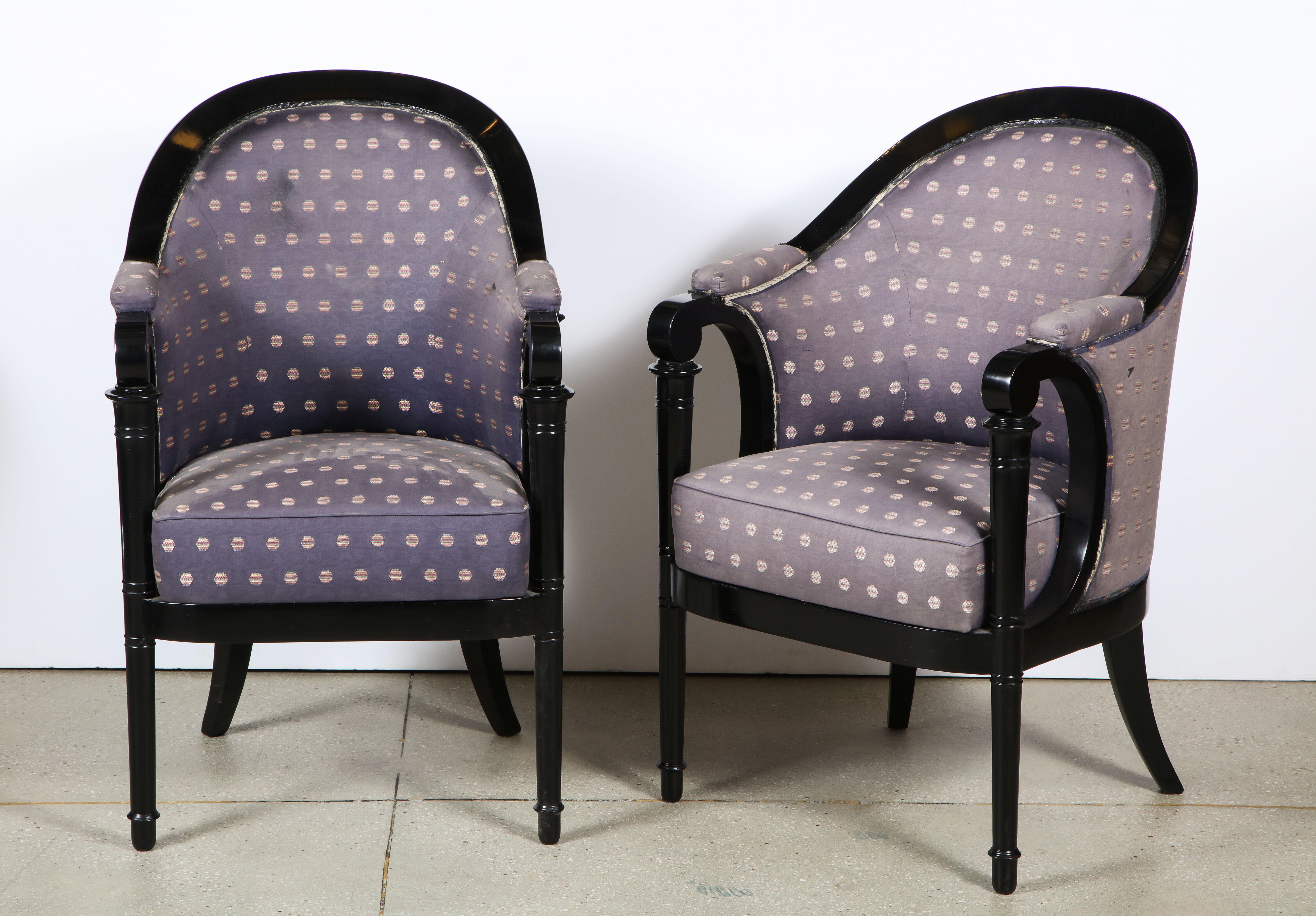 German Pair of Viennese Biedermeier upholstered Ebonized Bergere arm chairs