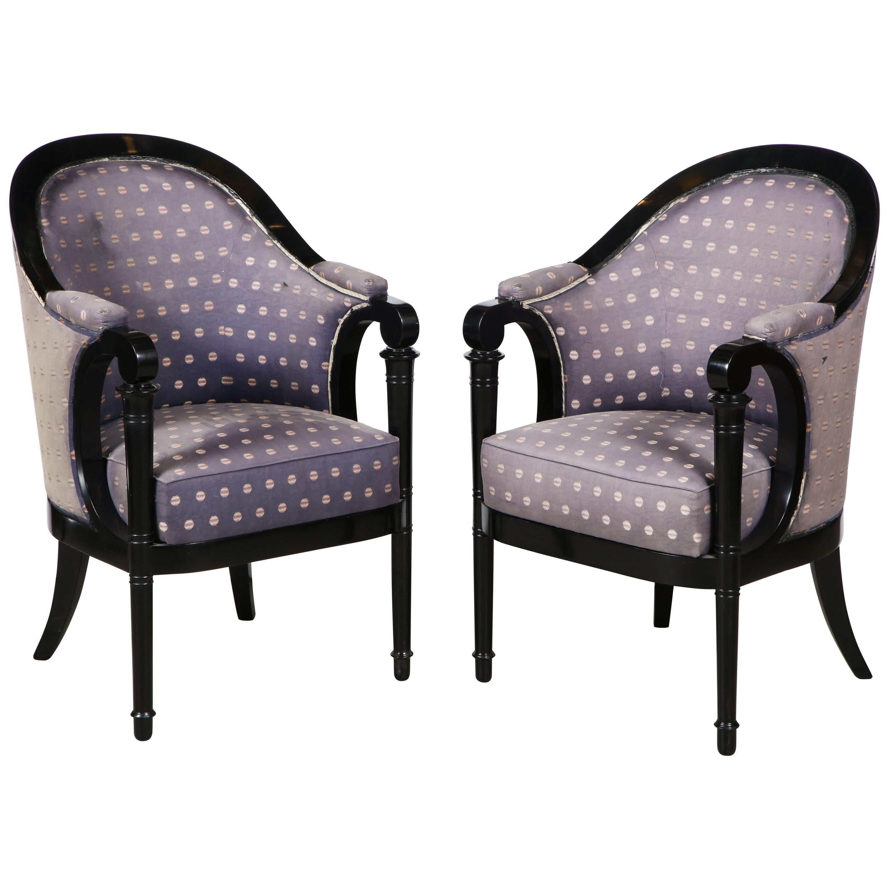 Pair of Viennese Biedermeier upholstered Ebonized Bergere arm chairs