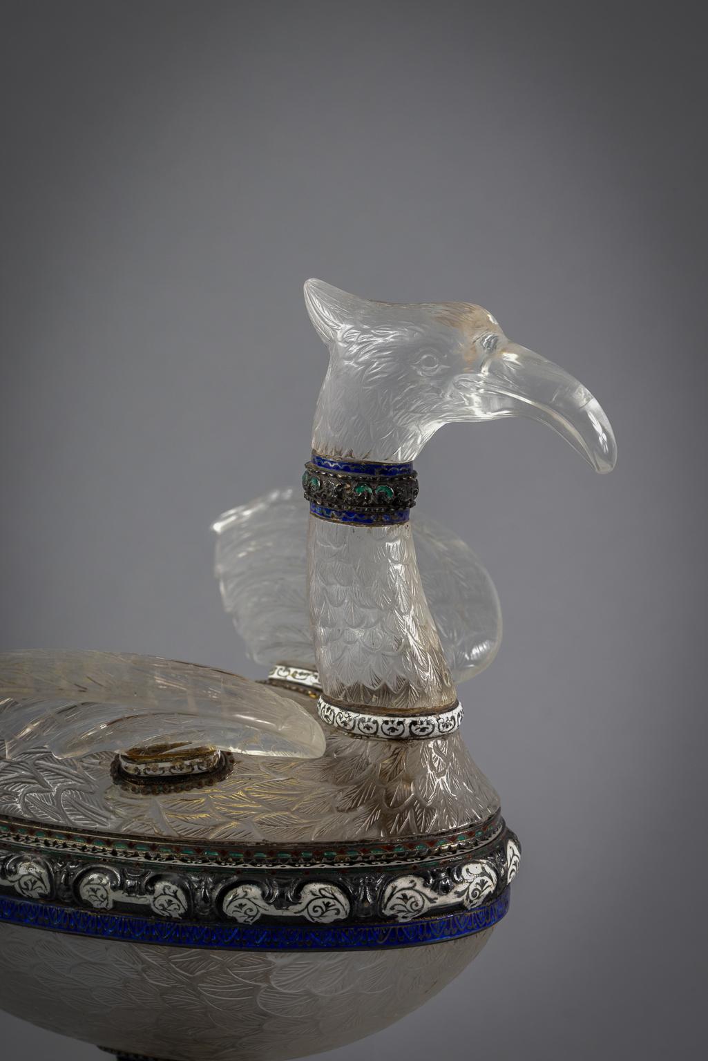 Pareja de cajas vienesas para pájaros de plata esmaltada y cubierta de cristal de roca, hacia 1875 Silver en venta