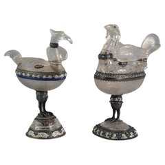 Pair of Viennese Enameled Silver and Rock Crystal Covered Bird Boxes, circa 1875
