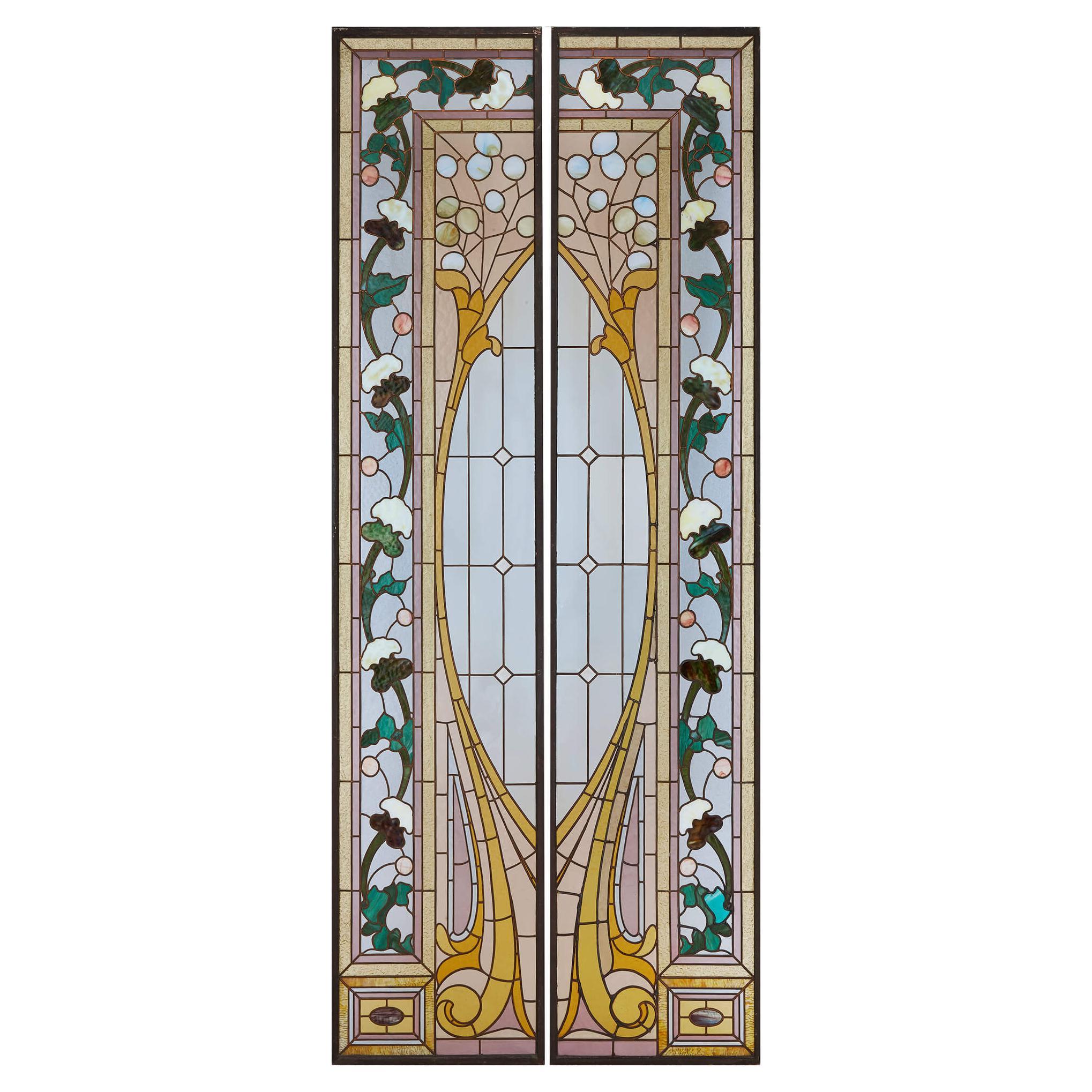Pair of Viennese Floral Stained-Glass Windows