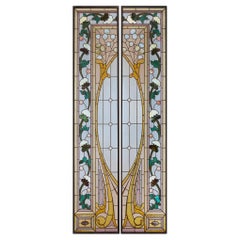 Pair of Viennese Floral Stained-Glass Windows