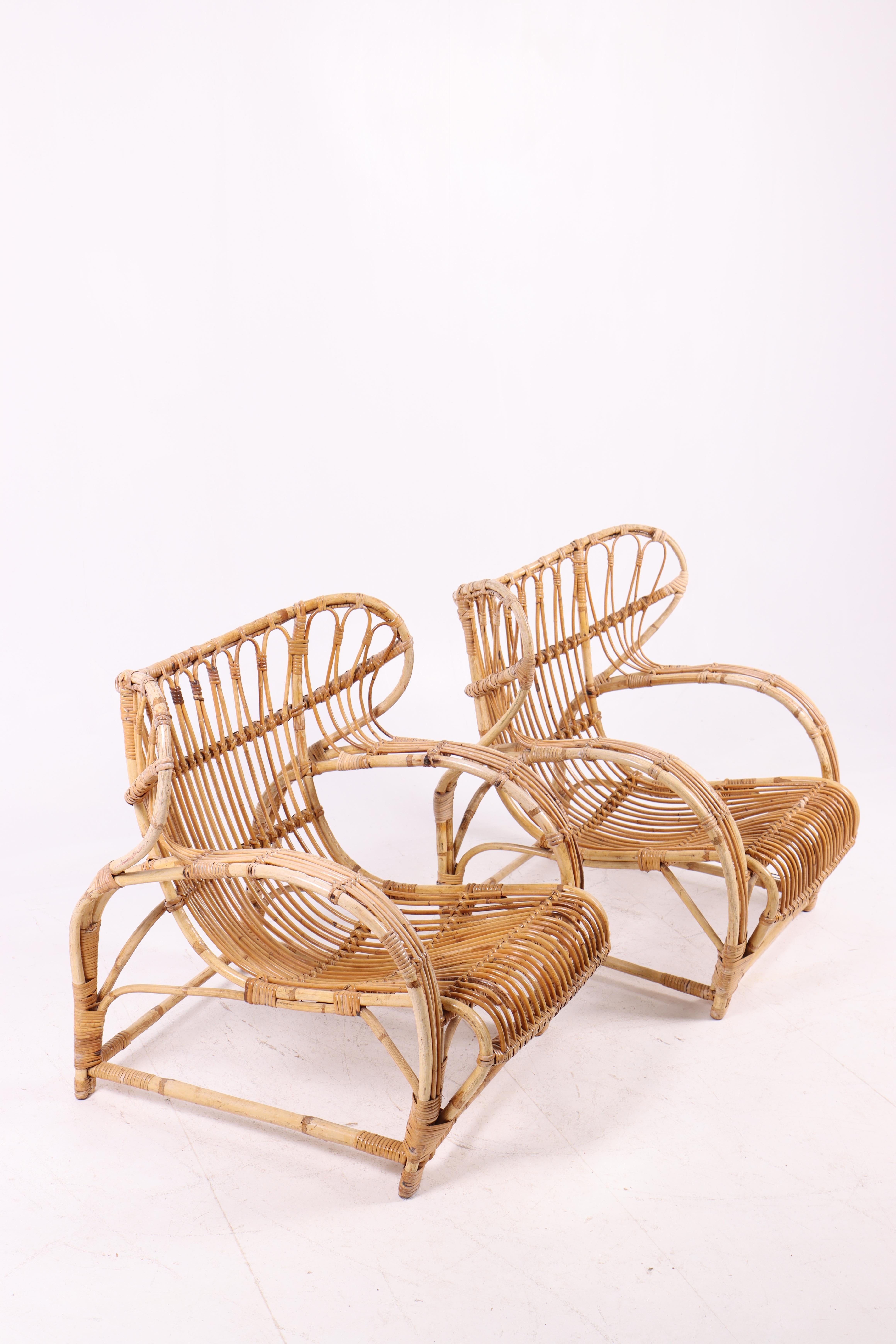 Rare pair of Model 3440 lounge chairs designed by Viggo Boesen in 1936 and produced in Denmark. Executed in natural rattan, the chairs embody Boesen’s signature “funkis” style — organic lines, light expression, and a sculptural yet inviting