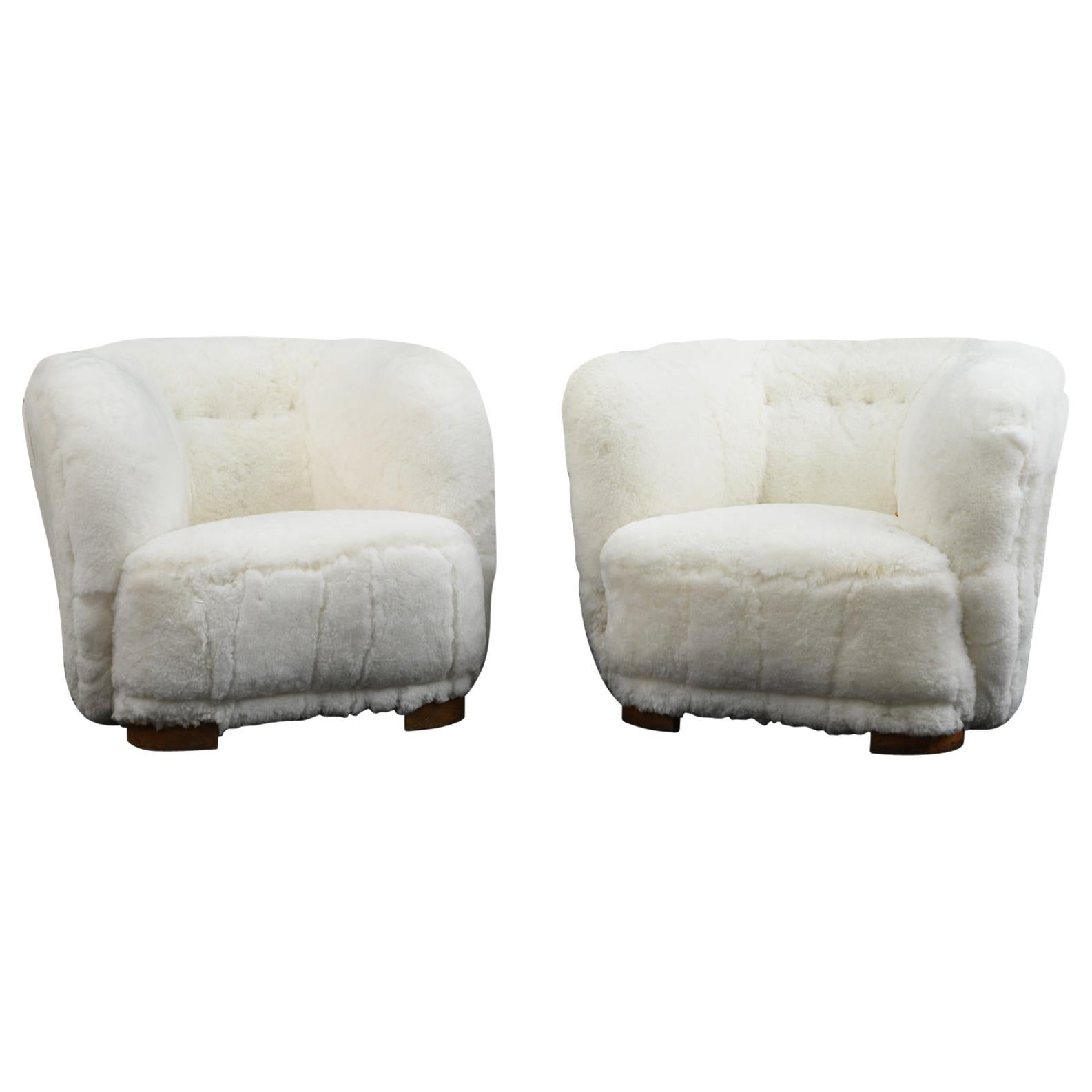 Pair of Viggo Boesen Style Lounge or Club Chairs in Lambswool, Danish, 1940s