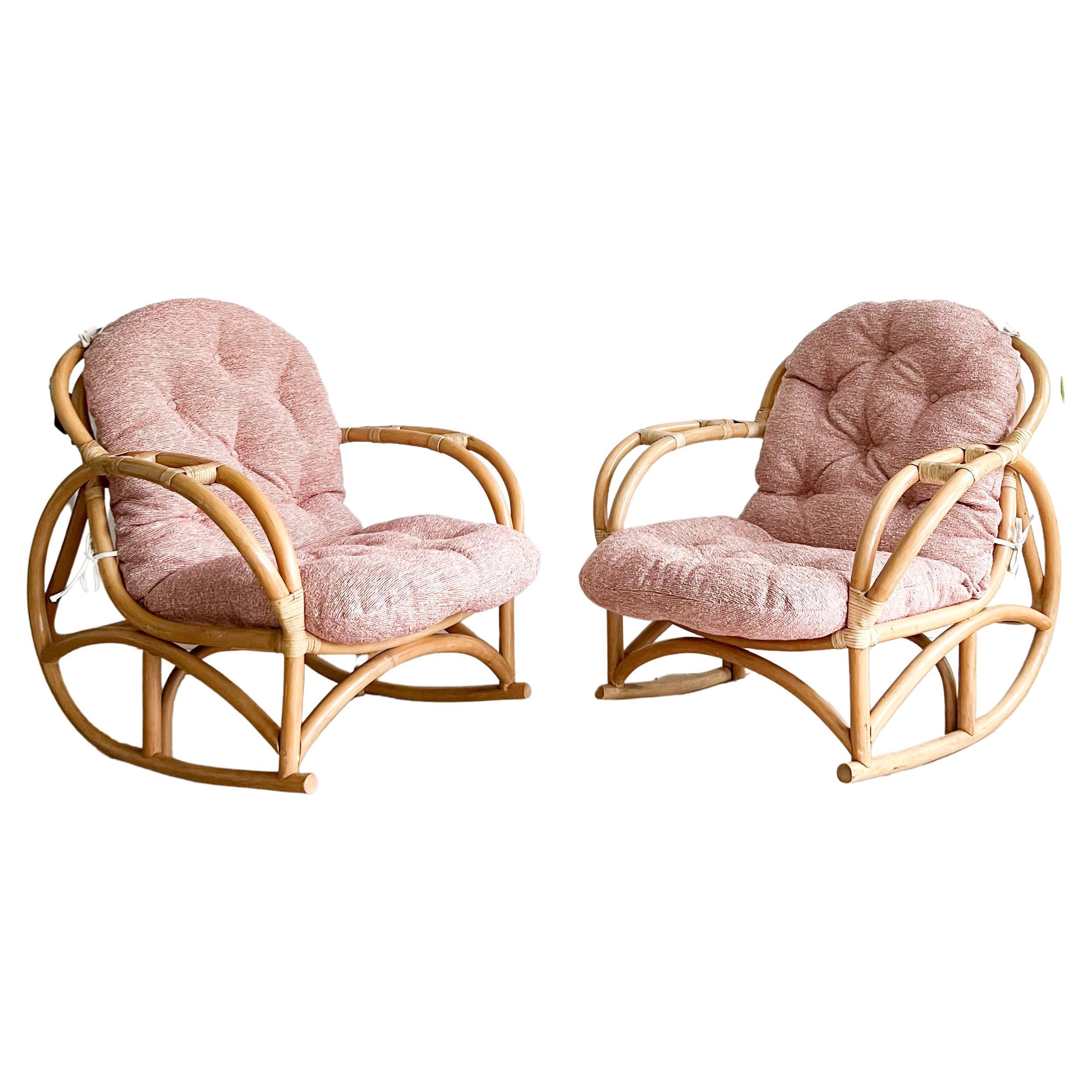 Pair of Viggo Boesen Style Rattan Rocker Lounge Chairs - New Upholstery For Sale