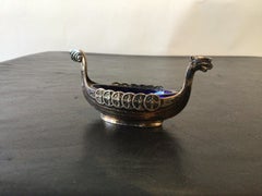 Pair of Viking Boat Swedish Sterling Salt Cellars with Cobalt Blue Glass Inserts