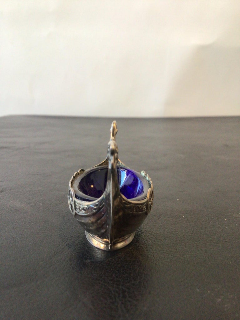 Pair of Viking Boat Swedish Sterling Salt Cellars with Cobalt Blue