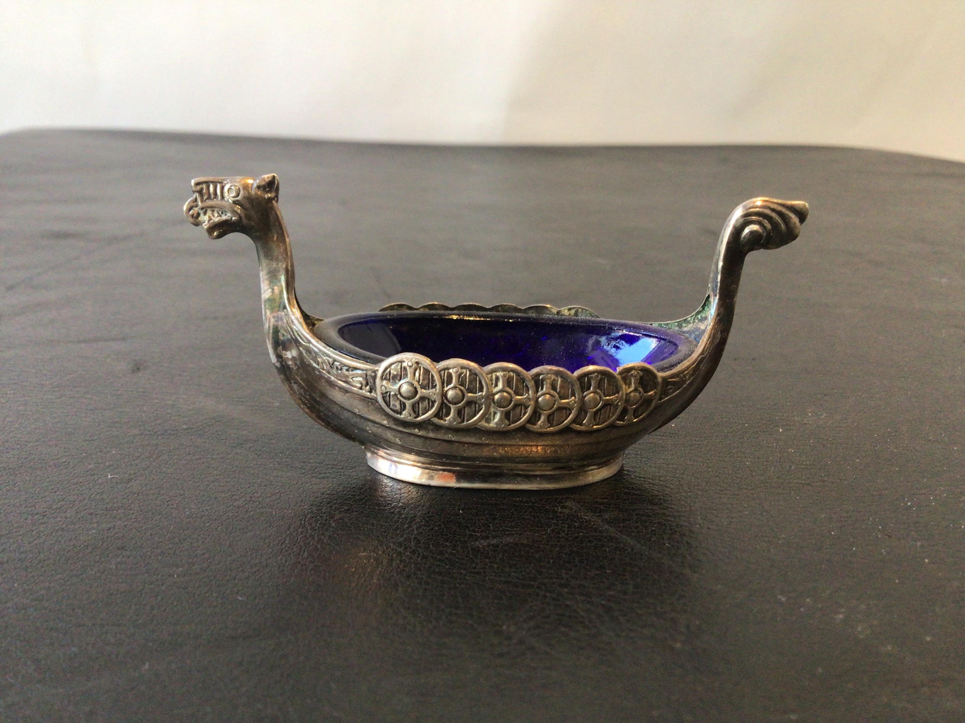 Sterling Silver Pair of Viking Boat Swedish Sterling Salt Cellars with Cobalt Blue Glass Inserts