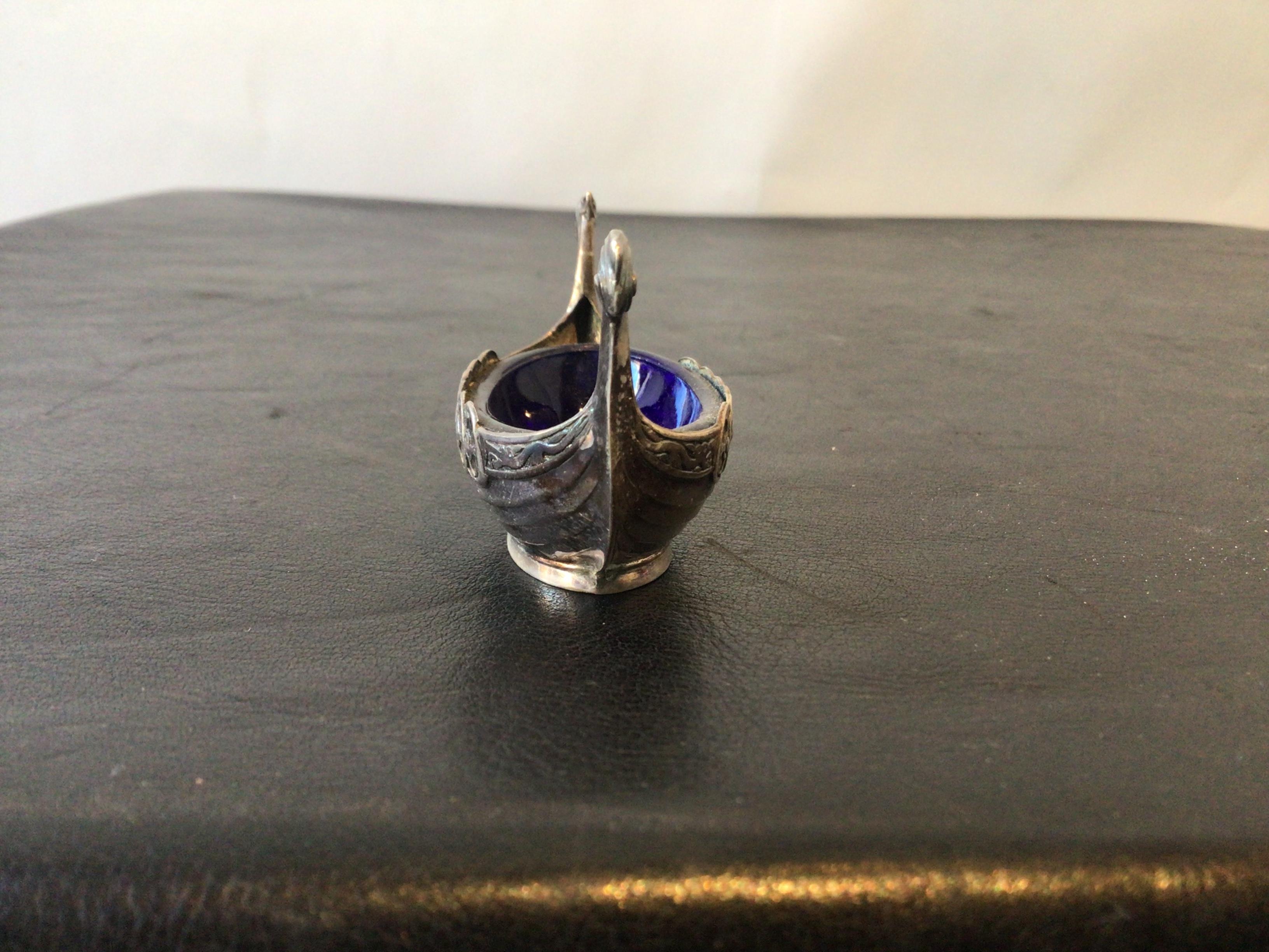 Pair of Viking Boat Swedish Sterling Salt Cellars with Cobalt Blue Glass Inserts 1