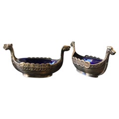 Retro Pair of Viking Boat Swedish Sterling Salt Cellars with Cobalt Blue Glass Inserts